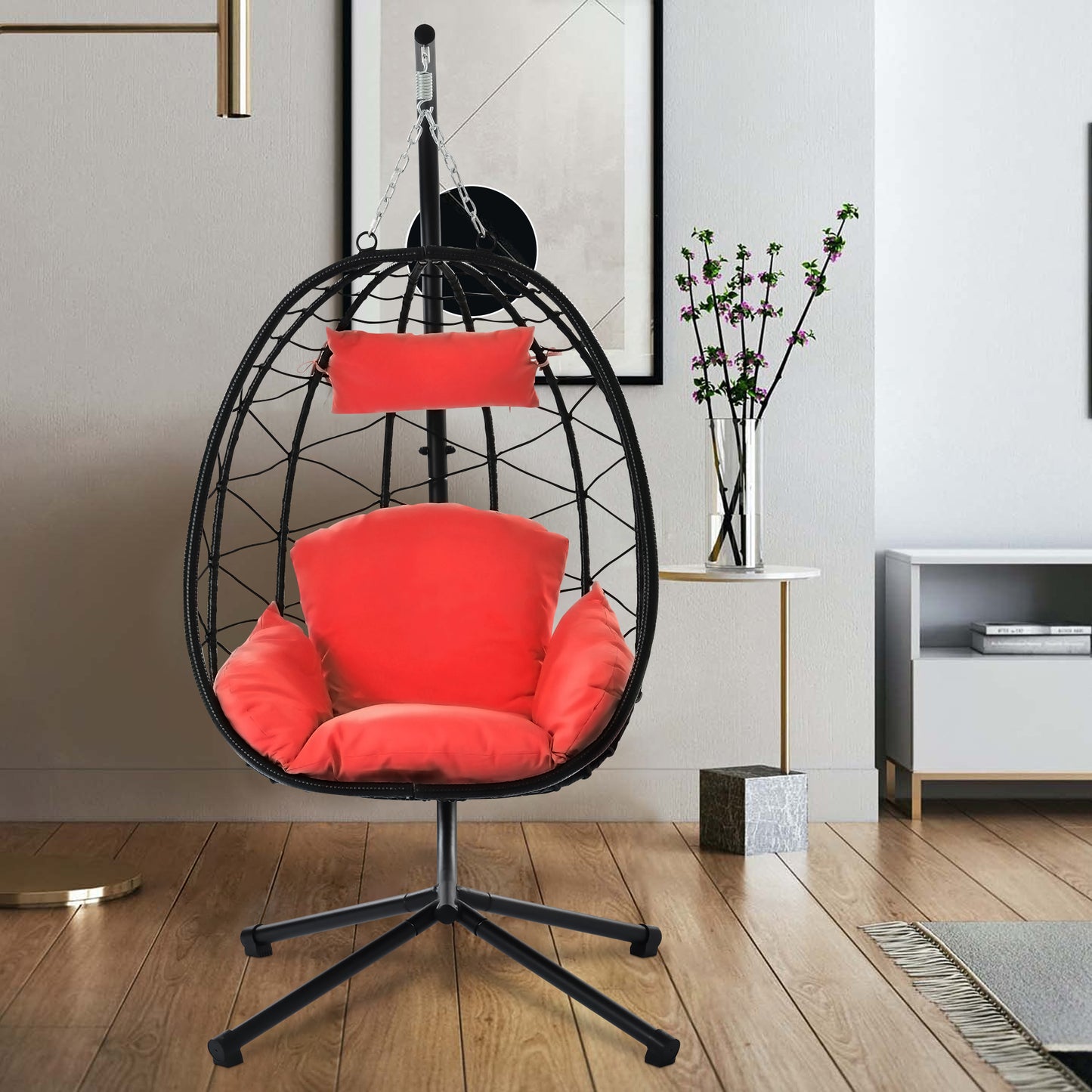 SYNGAR Egg Chair with Stand, Wicker Swing Chair, Patio Hammock Chair with Soft Cushion, Indoor Outdoor Balcony Bedroom Basket Hanging Lounge Chair, Heavy Duty Frame for 300 lbs Capacity, Red, Y024