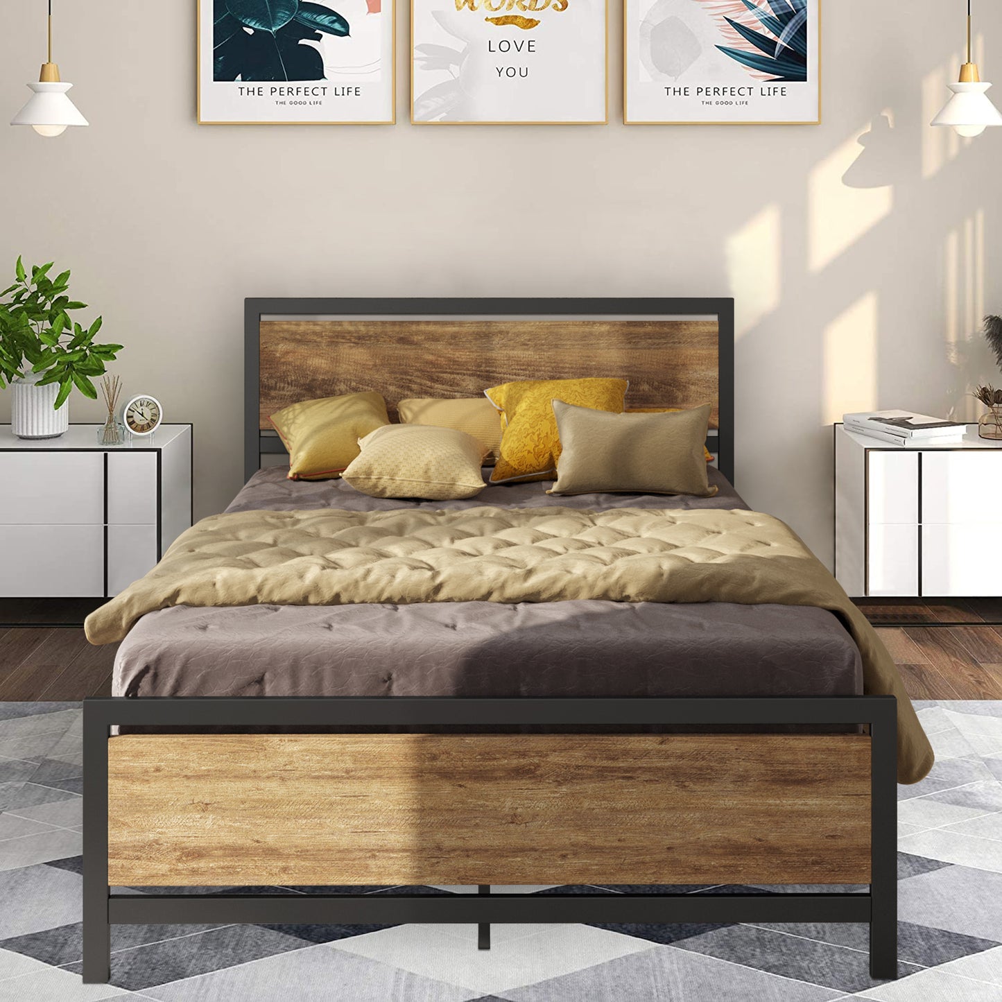 Queen Bed Frame, Metal Bed Frame No Box Spring Needed, Queen Platform Bed Frame with Headboard and Footboard, Black