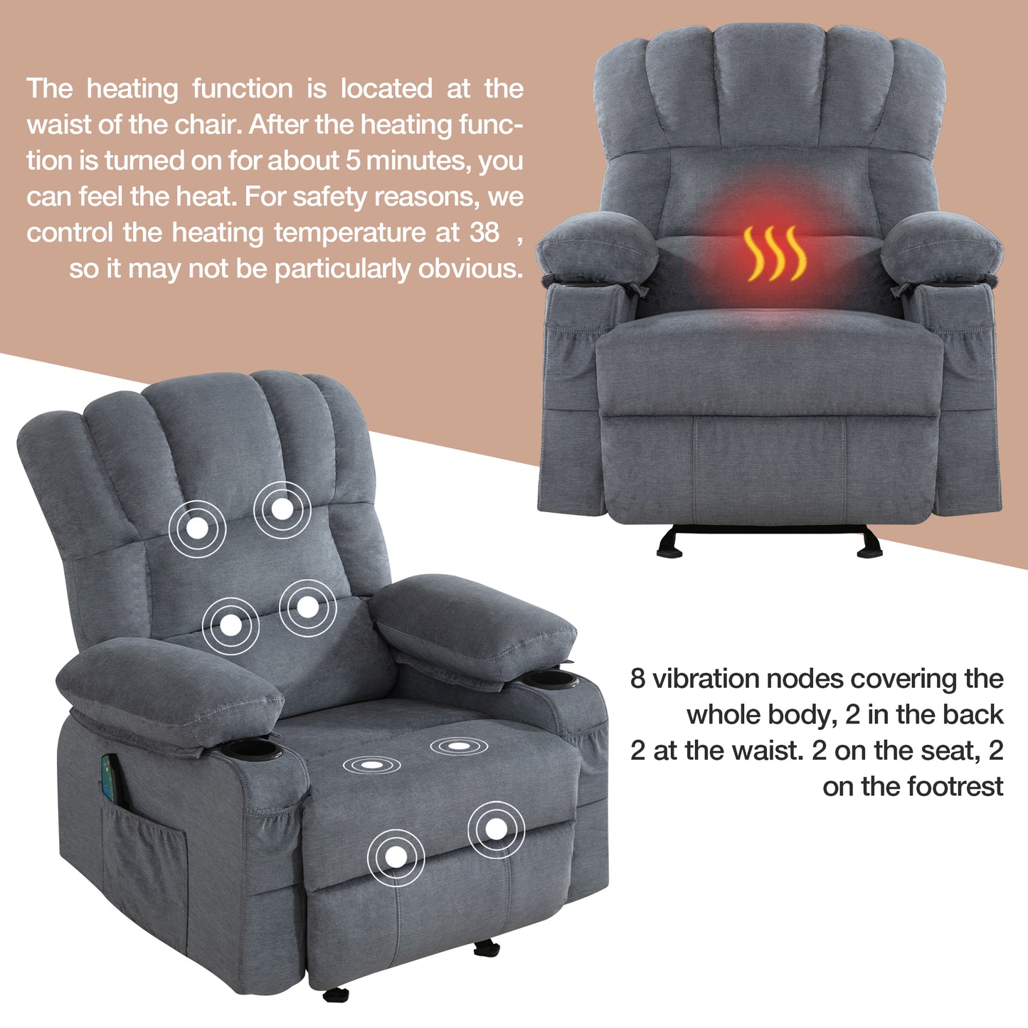 SYNGAR Manual Recliner Chair with Heat Therapy and Massage Function, Heavy Duty Reclining Mechanism Massage Chair, Elderly Single Rocker Sofa with Cup Holders for Bedroom Home Theater, Brown