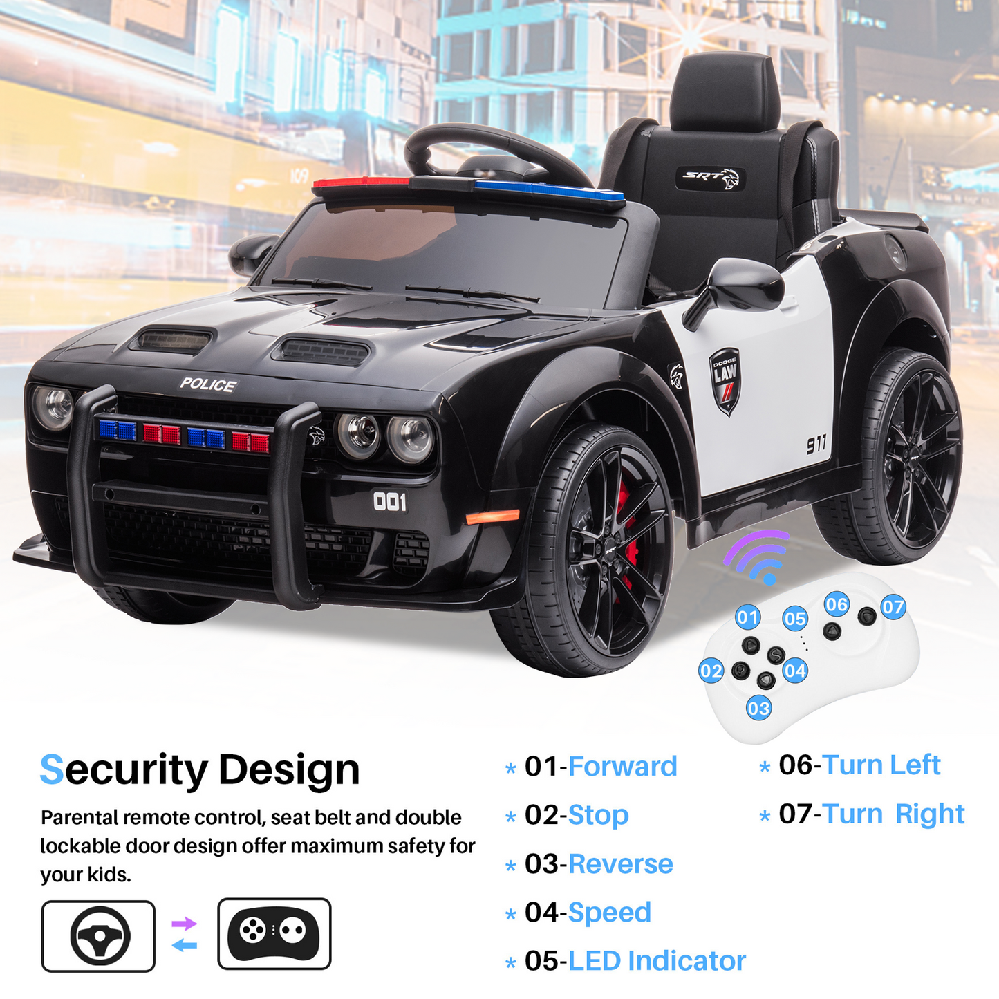 SYNGAR 12V Powered Ride on Police Car, Licensed Dodge Challenger Kids Ride On Toys with Patental Remote Control, LED Lights and Horn, Battery Operated Electric Vehicles Black, LJ1556