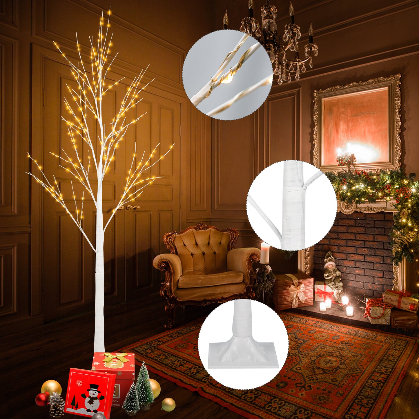 Set of 3 White Birch Trees, 4ft, 4ft and 6ft Christmas Tree with LED Lights, Fits for Christmas Decoration, Home Christmas Lights for Indoor Outdoor Wedding Party Garden, Warm White, C15