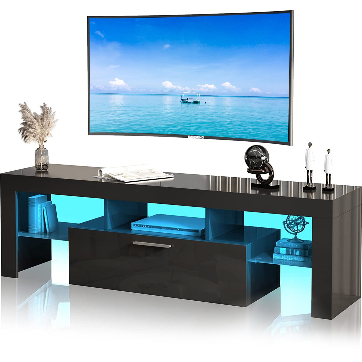 White TV Stand for 70 inch TV, Modern High Glossy Television Table Stands TV Cabinet Console Table with 16 Colors LED Lights, TV Buffet Cabinet with Storage, Living Room Entertainment Center
