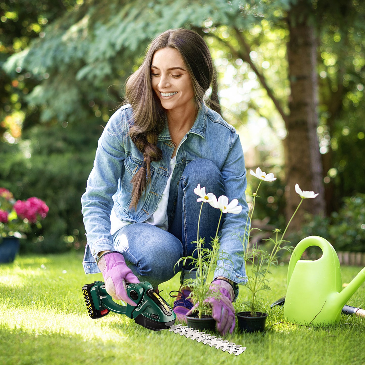 SYNGAR Electric Cordless Hedge Trimmer 2 in 1, Power Grass Shear Handheld Shrubbery Trimmer with Rechargeable Battery and Charger, 1.65lbs Lightweight, Green