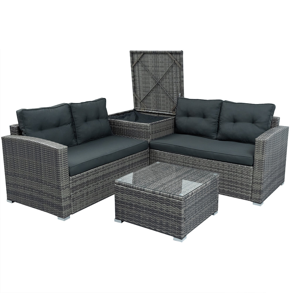 SYNGAR 4 Piece Wicker Patio Furniture Sets, Outdoor Sofa Set with Loveseat Sofa, Table and Storage Box, All Weather Rattan Sofa and Cushioned Seats for Garden, Lawn, Backyard, Front Porch, Gray