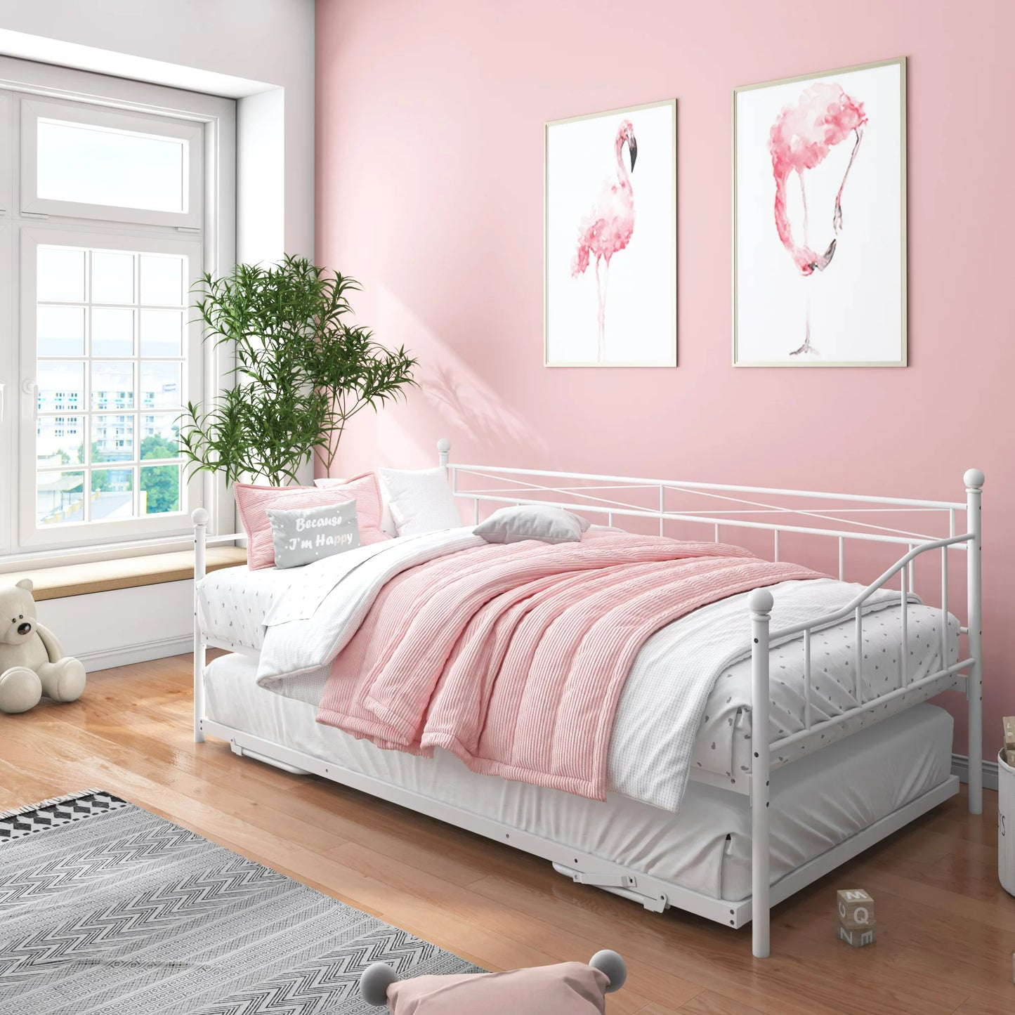 Twin Daybed with Pop Up Trundle, Metal Twin Size Daybed Frame, Space Saving Sofa Bed with Trundle Bed, Modern Home Platform Bed for Living Room/Bedroom, No Box Spring Needed, White, D6613