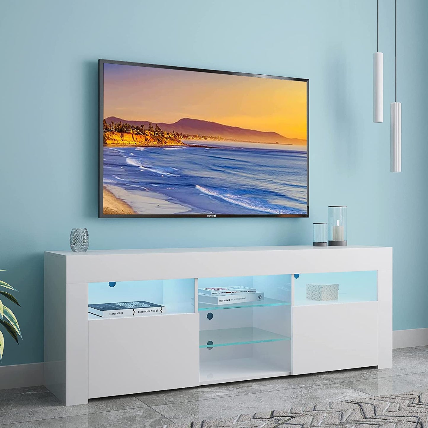 SYNGAR White TV Stand for 65 inch TV, Modern High Glossy TV Console Table Stand with 16 Colors LED Lights, Living Room TV Table Stand Buffet Cabinet with Storage, 58"L×14" W×21"H