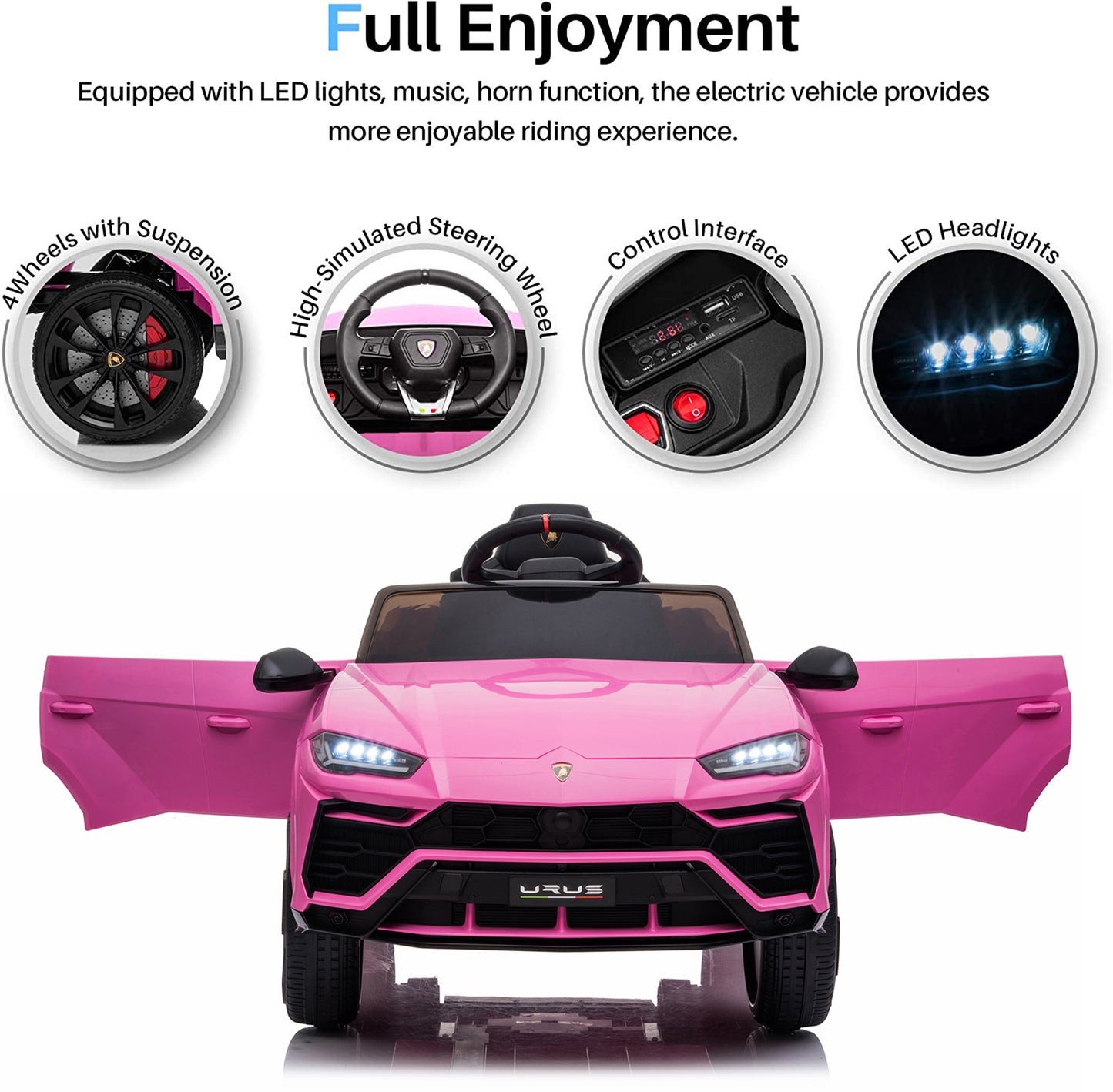 Pink Licensed Lamborghini Ride on Car, 12V Electric Ride on Toy with Remote Control, LED Lights, Music, Horn, Kids Toy Car Vehicle for Boys Girls, Y037