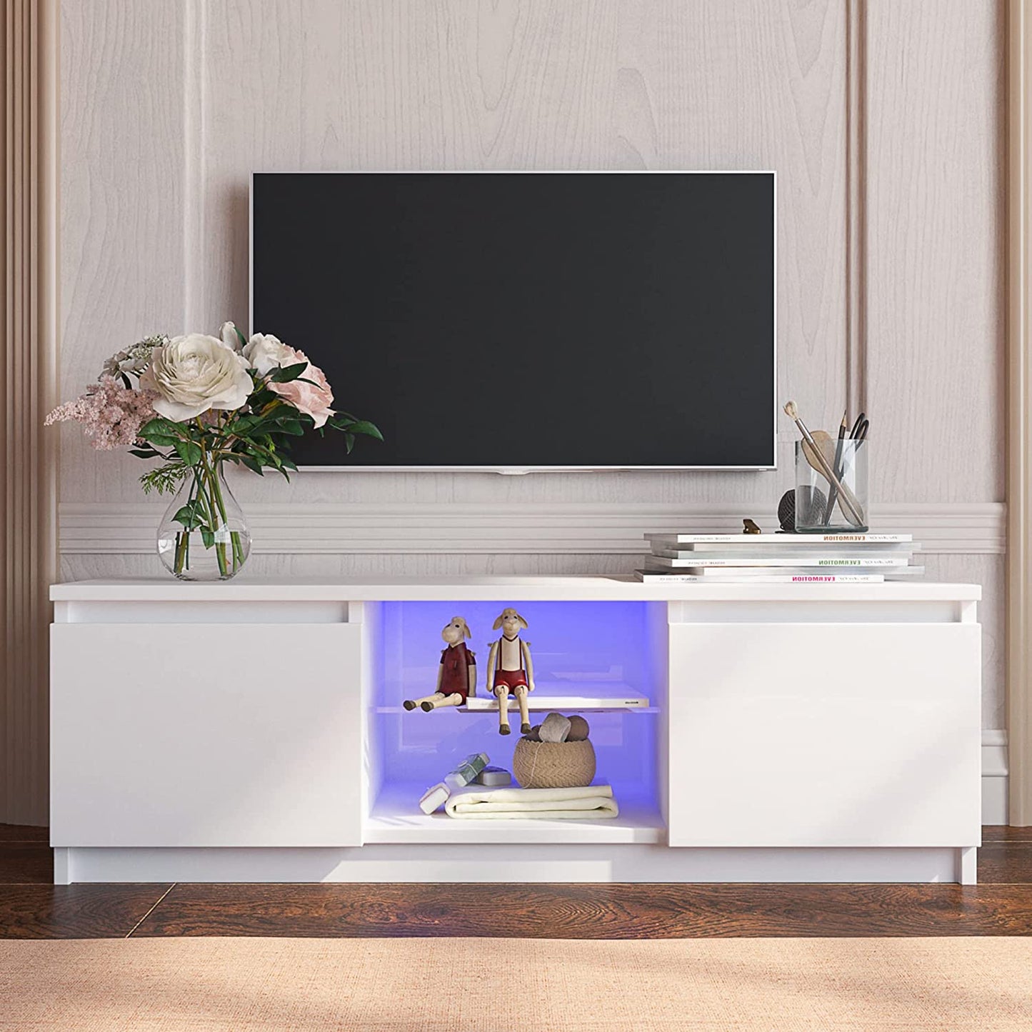 SYNGAR Black TV Stand for 55 inch TV, Modern High Glossy TV Console Table Stand with 16 Colors LED Lights, Living Room TV Table Stand Buffet Cabinet with Storage, 47"L×16" W×16" H