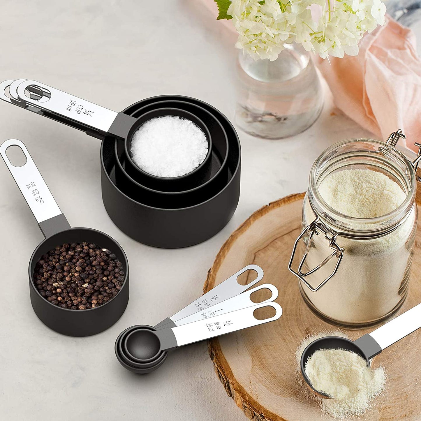 SYNGAR Measuring Cups and Spoons Set, Nesting Measure Cups with Stainless Steel Handle, Home Essentials Measuring 4 Cups and 4 Spoons for Baking, Cooking, Teaspoons Set, Black