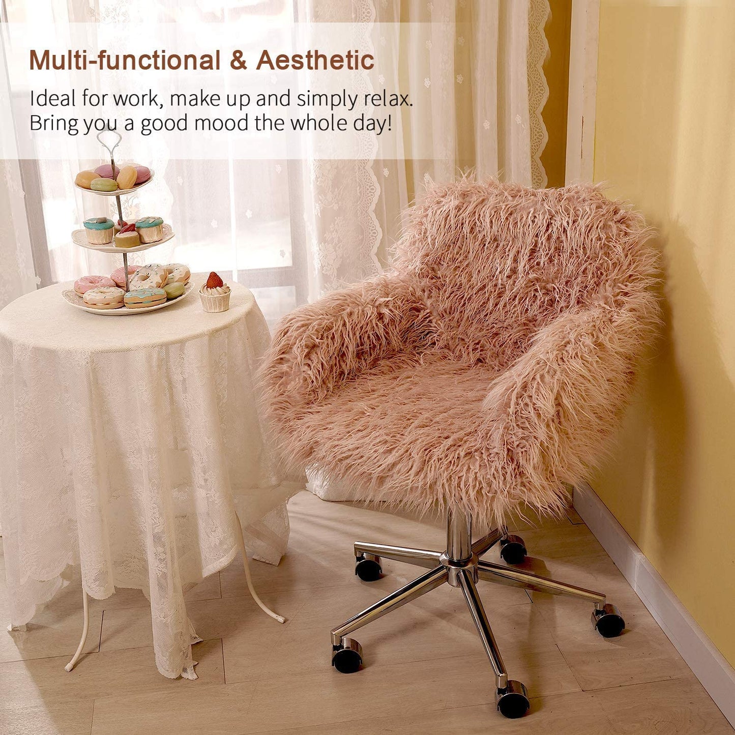 SYNGAR Cute Pink Fluffy Desk Chair for Teen Girl Kids, Home Office Computer Desk Chairs with Wheels, Comfy Faux Fur Swivel Rolling Task Chair Vanity Chair for Makeup Room, Bedroom, Living Room