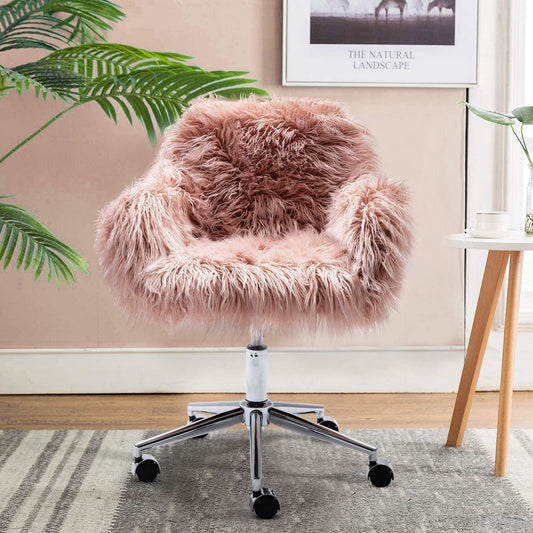 Modern Faux Fur Vanity Stool, Stylish Fluffy Upholstered Padded Dressing Chair, Height Adjustable Makeup Seat and Back w/ 360 Degree Swivel, Home Vanity Seat for Girls Bedroom Living Room, Pink, Y029