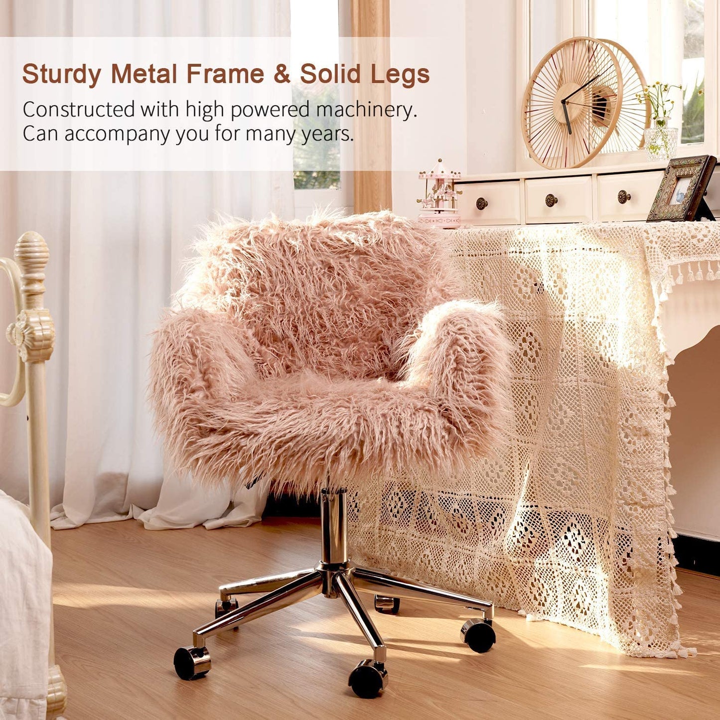 SYNGAR Cute Pink Fluffy Desk Chair for Teen Girl Kids, Home Office Computer Desk Chairs with Wheels, Comfy Faux Fur Swivel Rolling Task Chair Vanity Chair for Makeup Room, Bedroom, Living Room