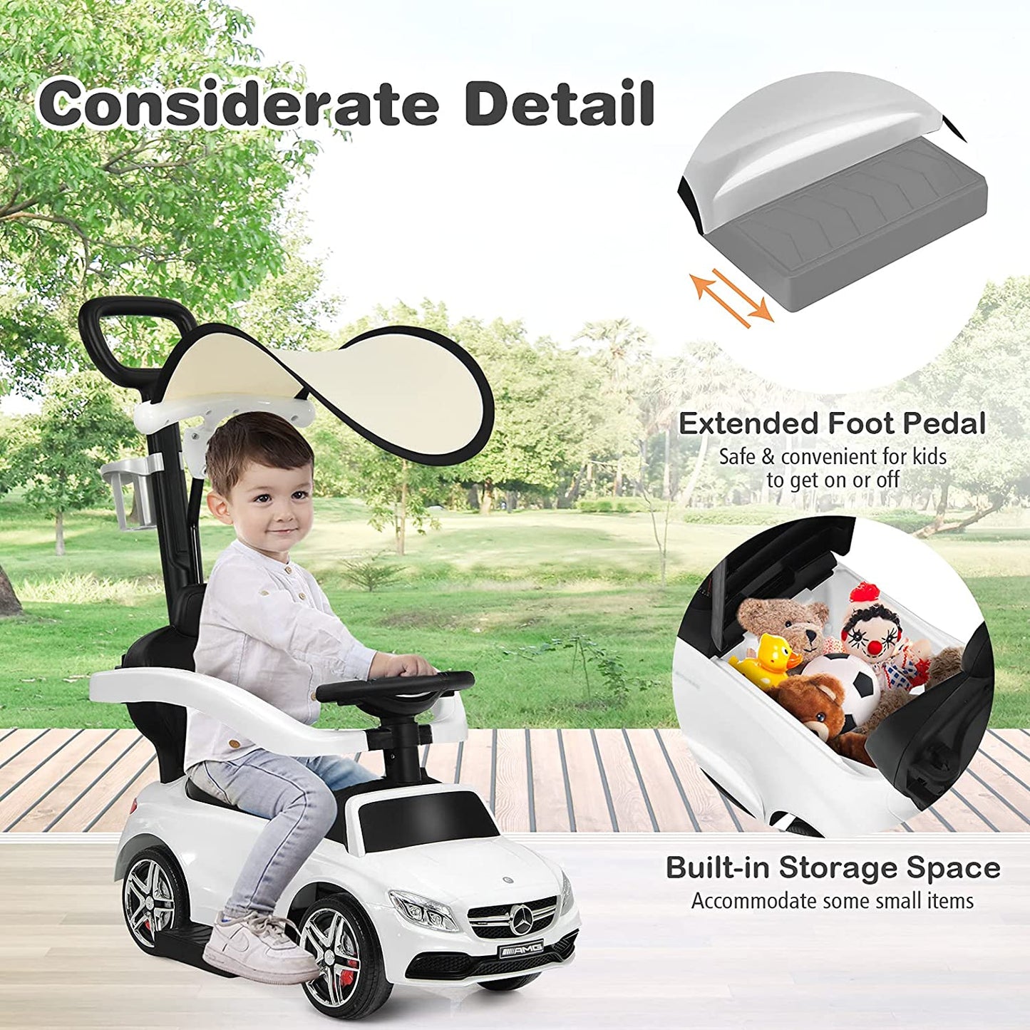 Push Car for Toddlers, 3 in 1 Licensed Mercedes Benz Car Stroller with Canopy, Parent Handle, Safety Bar, Cup Holder, Music, Horn and Storage, Baby Ride on Car for 1-3 Years Boys & Girls, White, C16