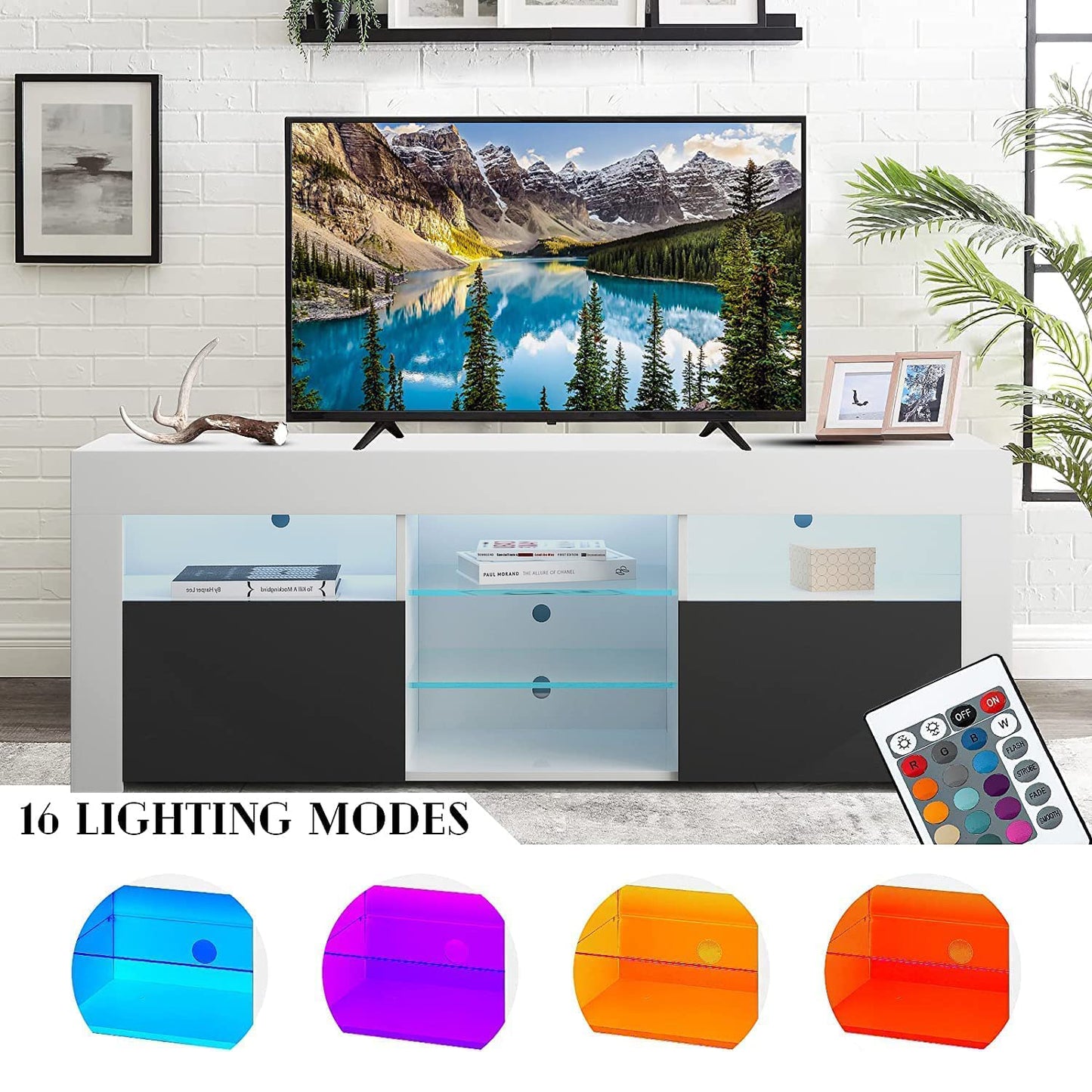 SYNGAR White TV Stand for 65 inch TV, Modern High Glossy TV Console Table Stand with 16 Colors LED Lights, Living Room TV Table Stand Buffet Cabinet with Storage, 58"L×14" W×21"H