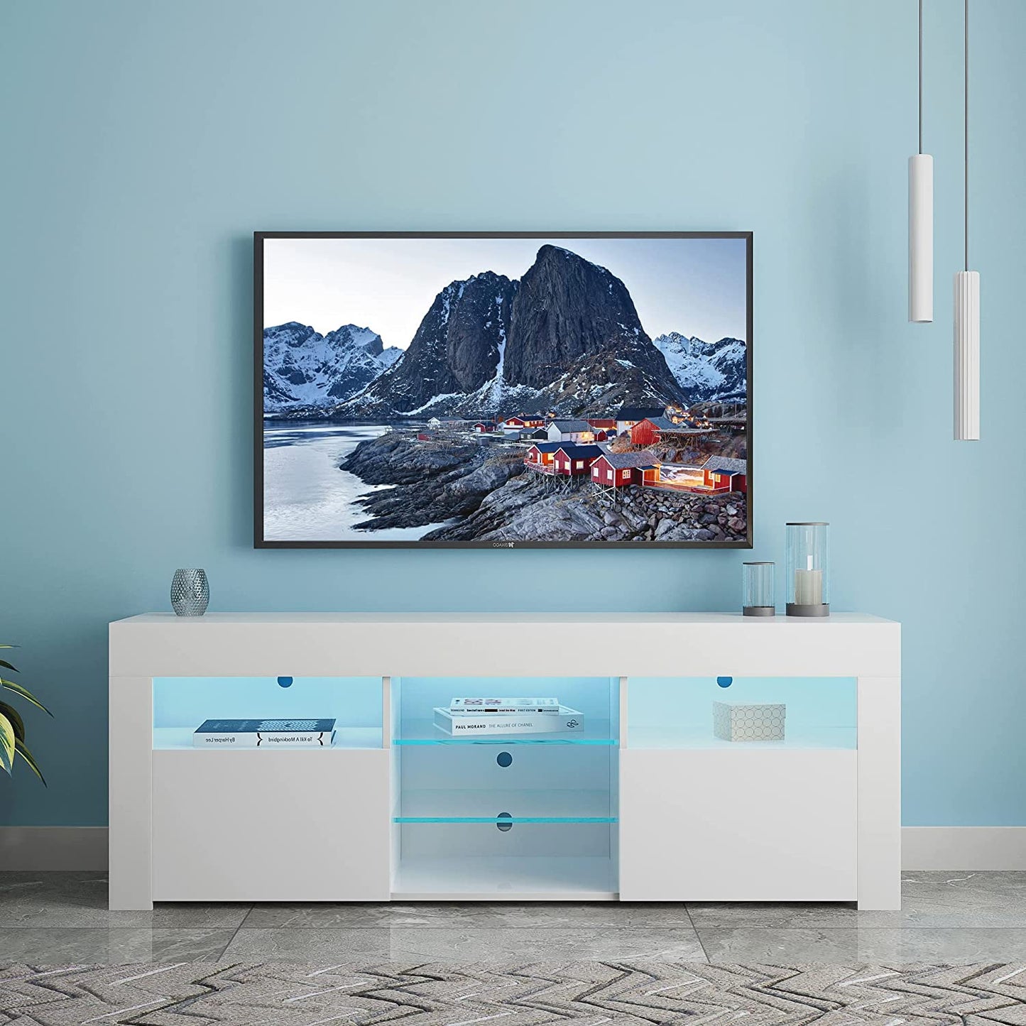 SYNGAR White TV Stand for 65 inch TV, Modern High Glossy TV Console Table Stand with 16 Colors LED Lights, Living Room TV Table Stand Buffet Cabinet with Storage, 58"L×14" W×21"H