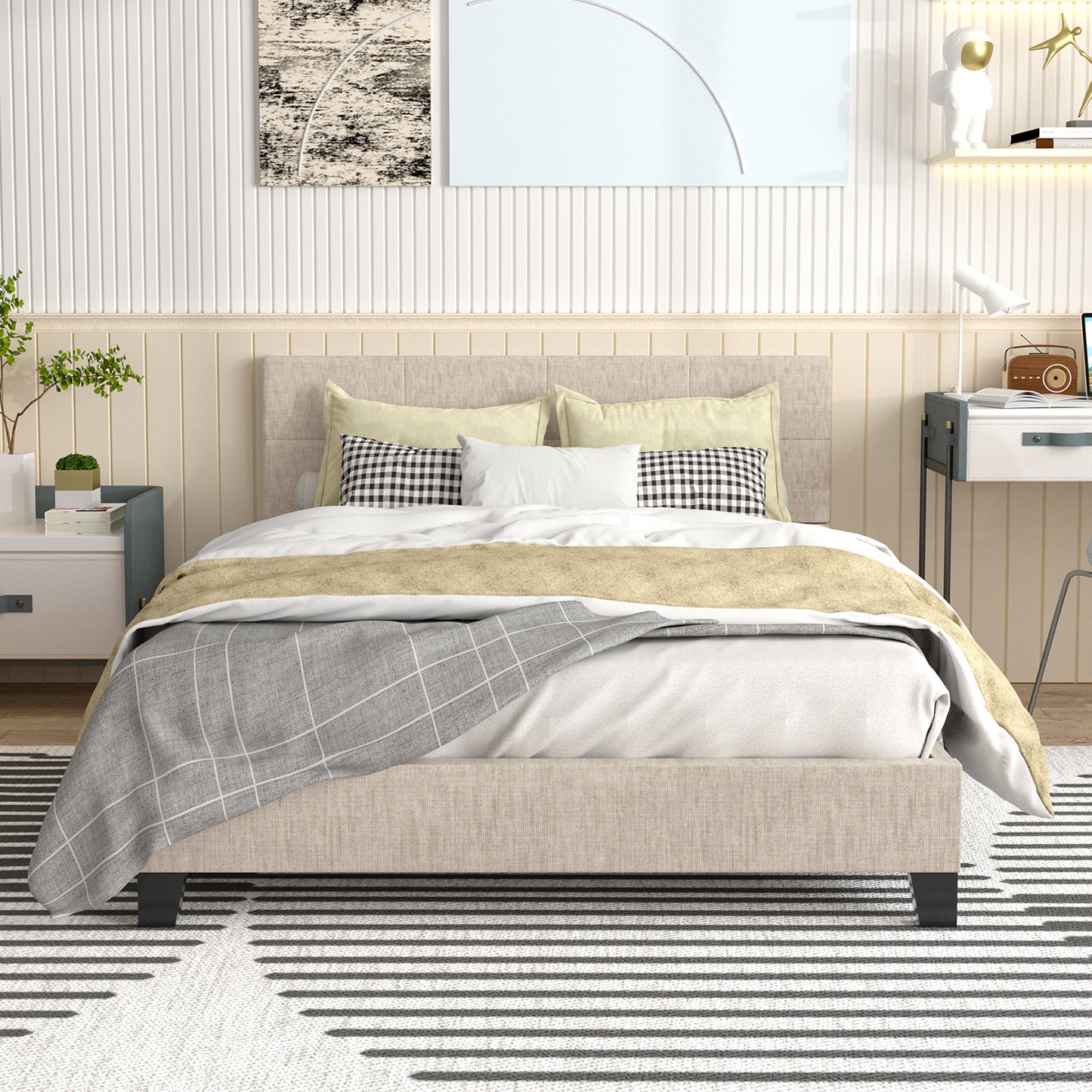 SYNGAR Full Size Platform Bed Frame with Linen Fabric Upholstered Button Tufted Headboard, Sturdy Sturdy Frame and Strong Wooden Slats, No Box Spring Needed, Gray