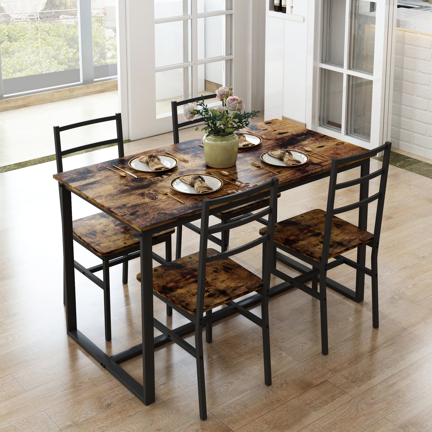 5 Piece Dining Table Set for 4, Dining Room Table Set, Modern Rustic Table Set with 4 Chairs, Wooden Tabletop and Metal Frame, Home Kitchen Breakfast Table and Chairs Set, D6115