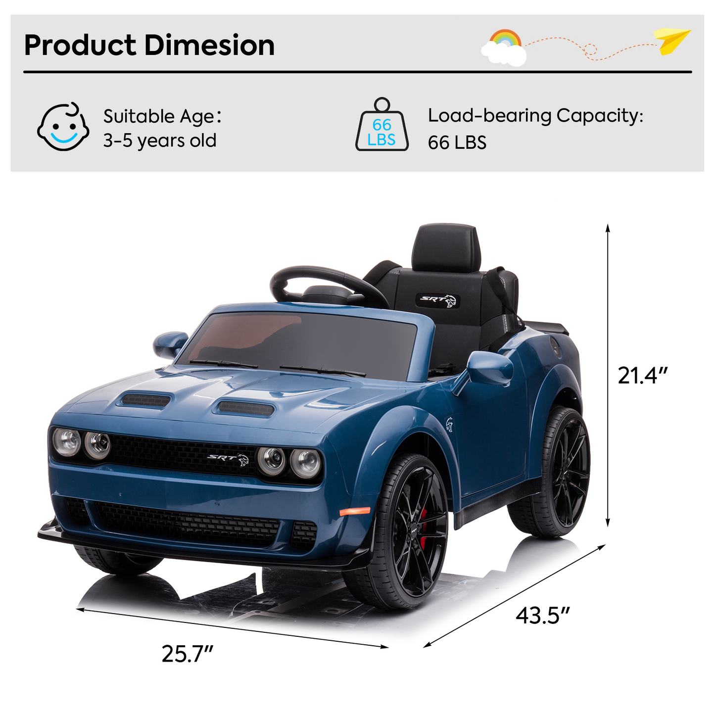 Power Dodge Challenger SRT Ride on Toy, 12 Volt Battery Powered Electric Car with Remote Control, Horn, LED Lights, USB Port for Boys Girls Birthday Gift, Blue