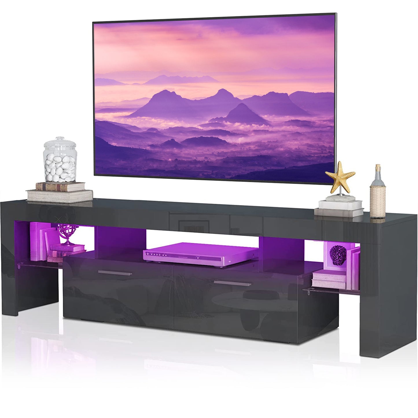 White TV Stand for 70 inch TV, Farmhouse Rustic Wooden Television Stands TV Cabinet Console Table with 16 Colors LED Lights, Living Room TV Table Stand Buffet Cabinet with Storage, 63"L×14" W×18"H