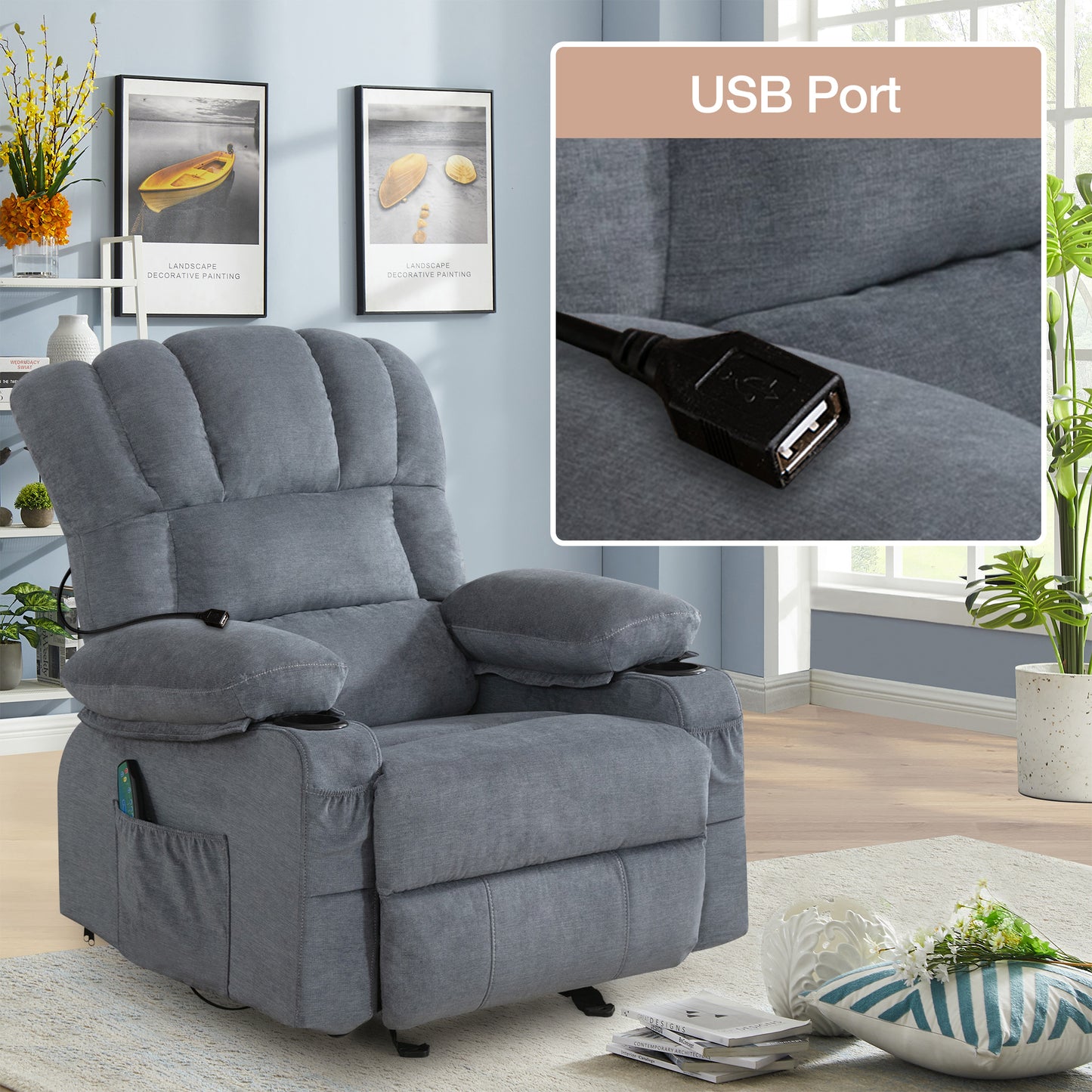 SYNGAR Manual Recliner Chair with Heat Therapy and Massage Function, Heavy Duty Reclining Mechanism Massage Chair, Elderly Single Rocker Sofa with Cup Holders for Bedroom Home Theater, Brown