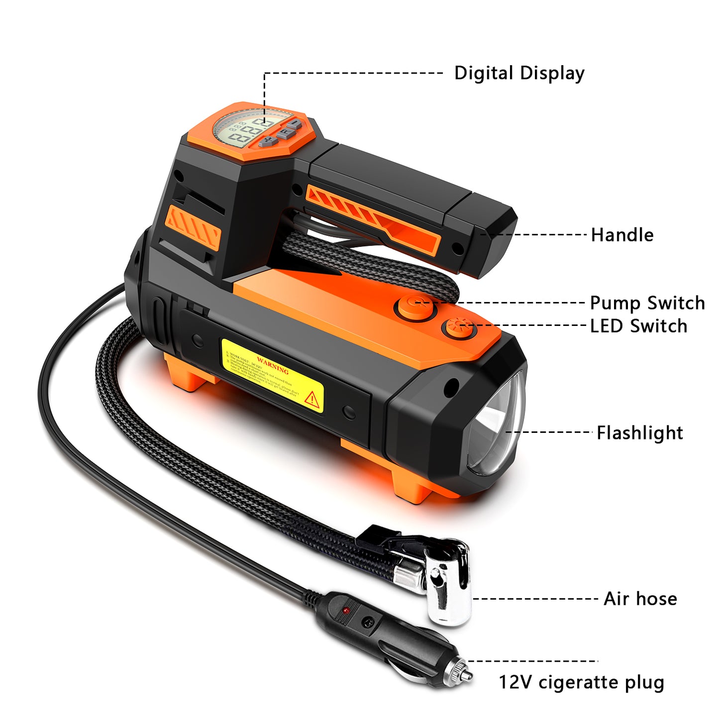 Portable Tire Inflator 12V, Portable DC Air Compressor for Car Tires, Mini Car Air Compressors Tool with LED Light, Digital Air Pump for Car Tires, Bicycles and Other Inflatables, Orange
