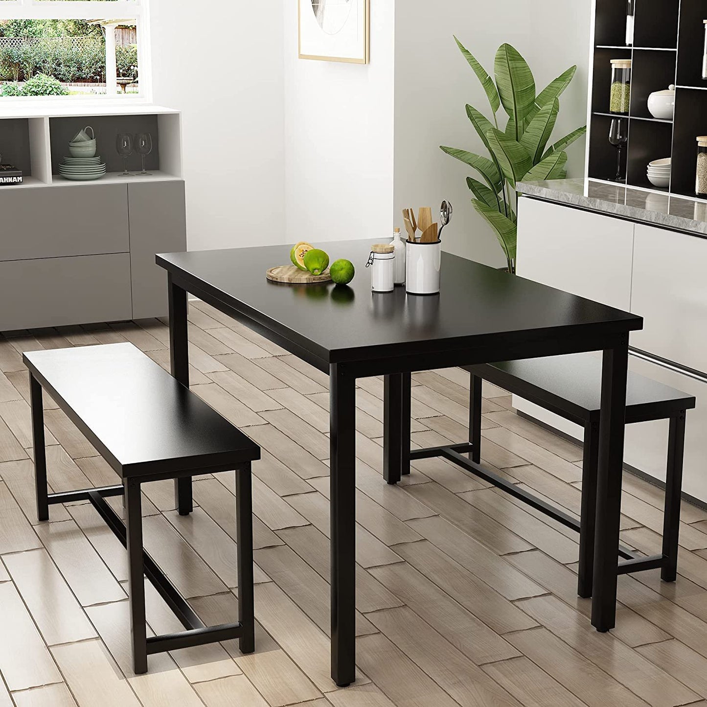 Dining Table with 2 Bench, Space Saving Dining Table Set, Modern Soho Dining Set with Metal Frame, Farmhouse Style Dining Room Furniture Set for 6 Persons, Easy Assembly for Kitchen Coffee Shop, B1187