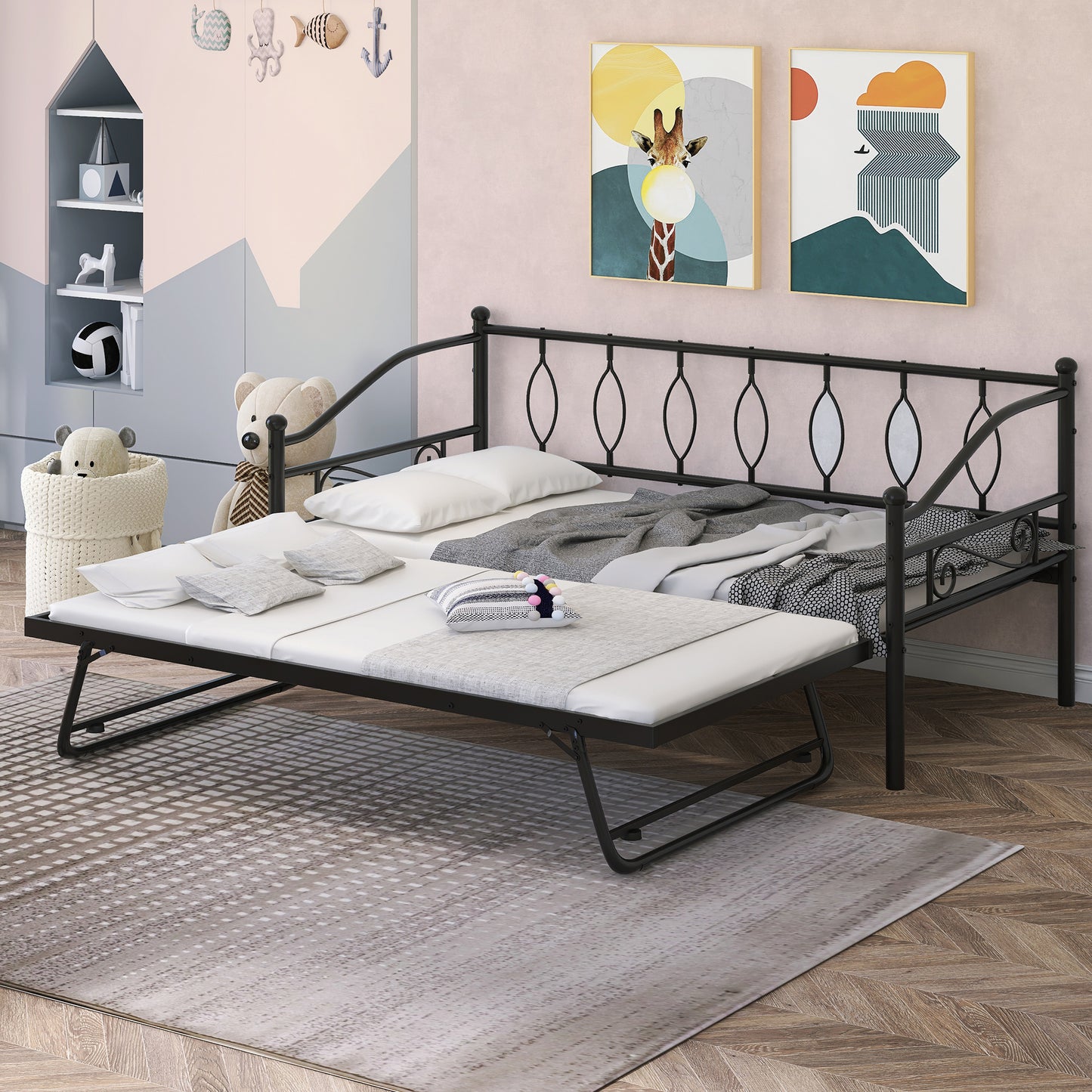 SYNGAR Metal Twin Size Daybed with Roll-Out Trundle, Multifunctional Platform Portable Folding Trundle Bed Frame, Mattress Foundation/Children Bed Sofa for Guest Living Room, Black
