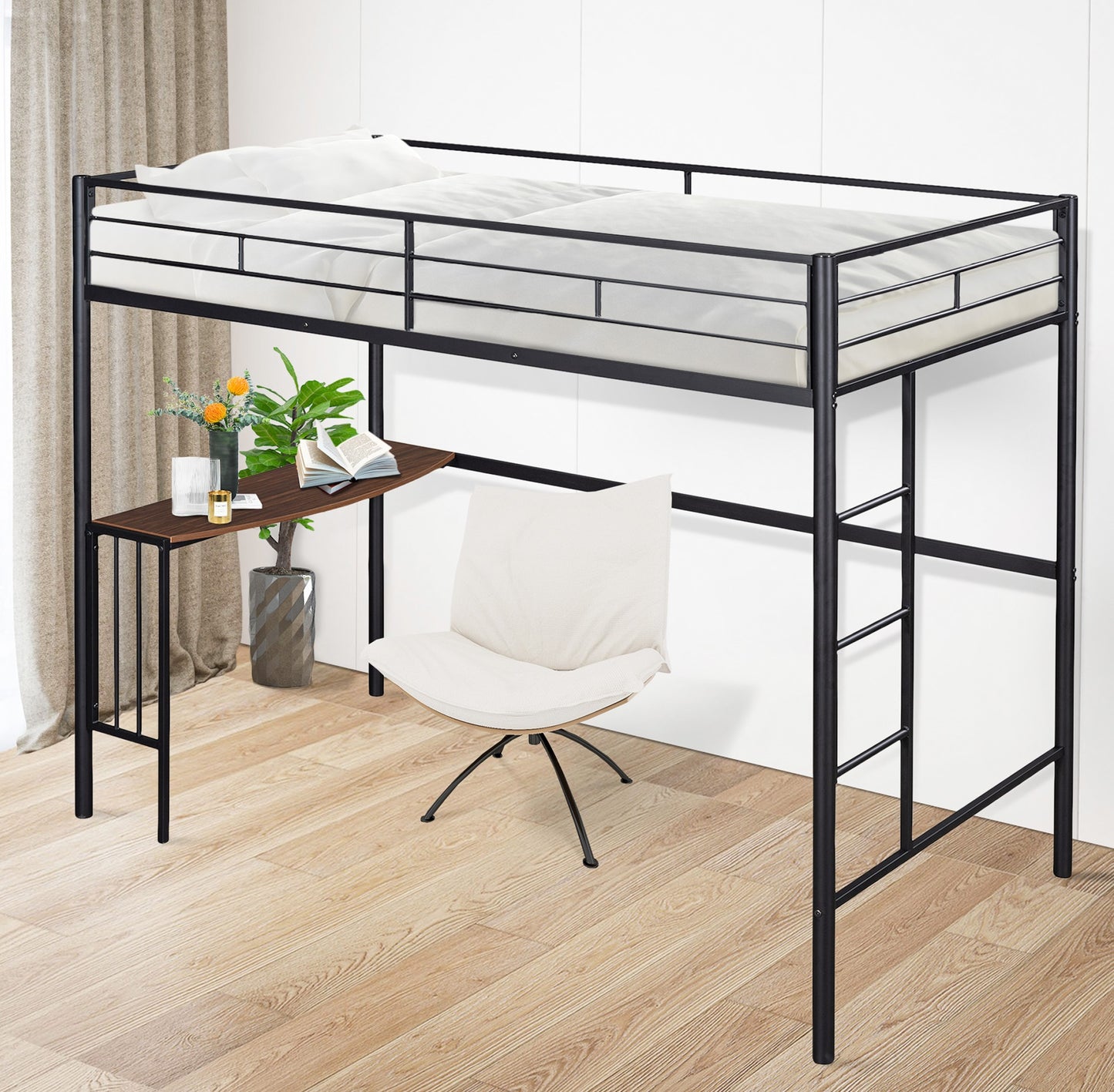 Twin Loft Bed Frame with Desk for Teens Kids, Classic Metal Bed Frames in Twin with Desk Ladder and Guardrails, Kids Bed Frame, Black, LJ503