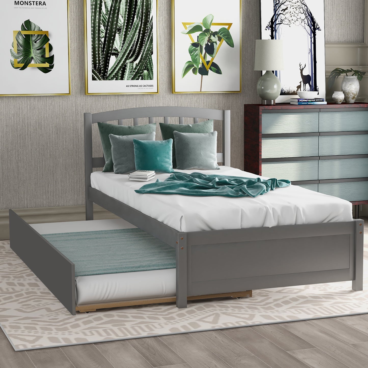 Trundle Bed Twin, Pine Wood Platform Bed Frame Twin Size with Trundle Included and Headboard for Boys Girls Bedroom Small Living Space, No Box Spring Needed, Gray, LJ3126