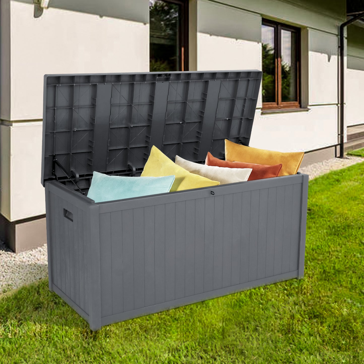 SYNGAR 113 Gallon Resin Deck Box, Patio Large Storage Cabinet, Outdoor Waterproof Storage Chest, Storage Container with Lid, for Outside Furniture Cushions, Garden Tools, Kids' Toys, Black, Y027