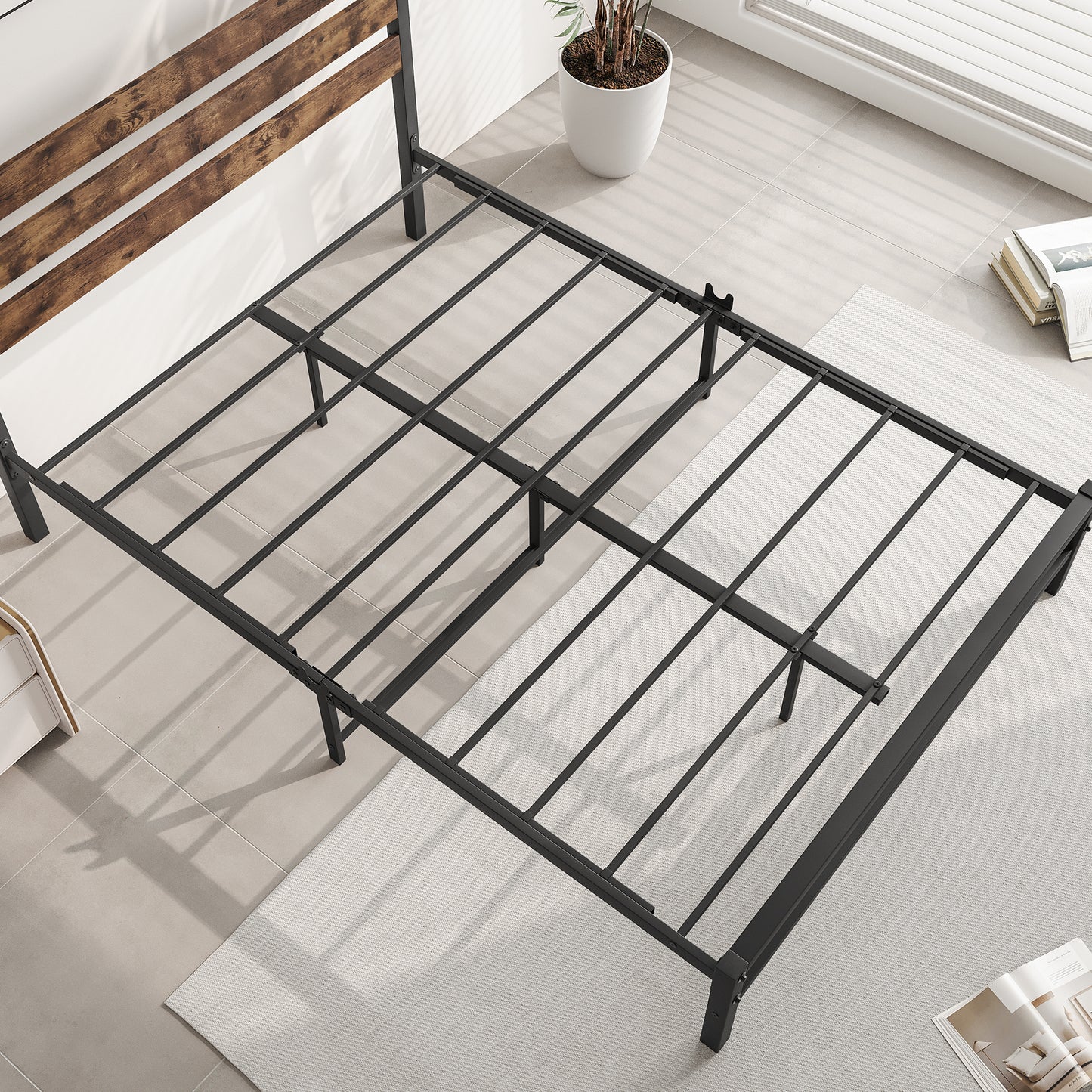 SYNGAR Black Full Size Bed Frame with Wooden Industrial Headboard, Iron Platform Bed Frame Full Metal Bed Mattress Foundation with 400LBS Capacity, No Box Spring Needed, Noise Free
