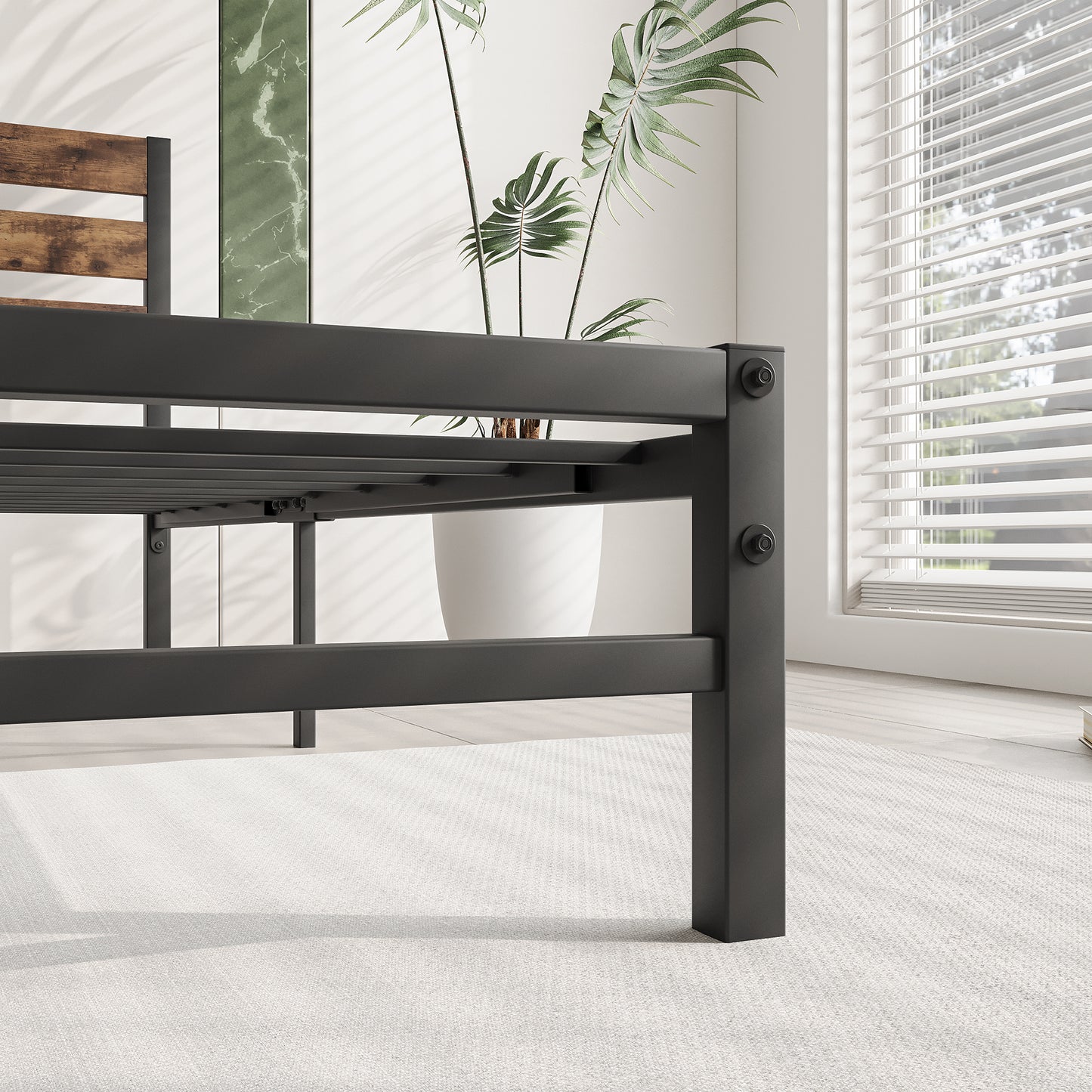 SYNGAR Black Full Size Bed Frame with Wooden Industrial Headboard, Iron Platform Bed Frame Full Metal Bed Mattress Foundation with 400LBS Capacity, No Box Spring Needed, Noise Free