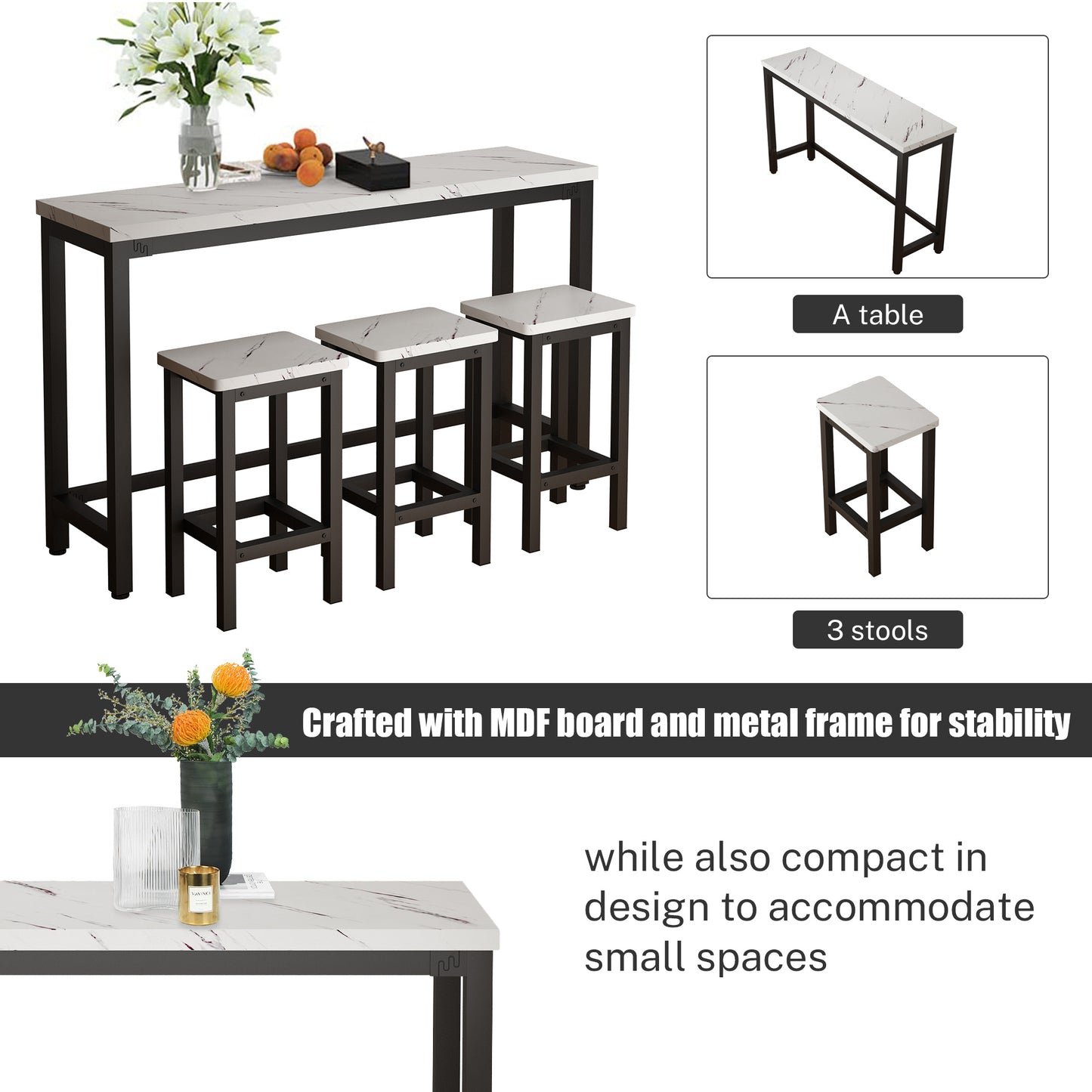 Counter Height Bar Table Set, Modern 4 Pieces Dining Table Set, Long Pub Table and 3 Stools, 3-Person Dining Table and Stools Set, Kitchen Side Table Set for Breakfast, White, Y002