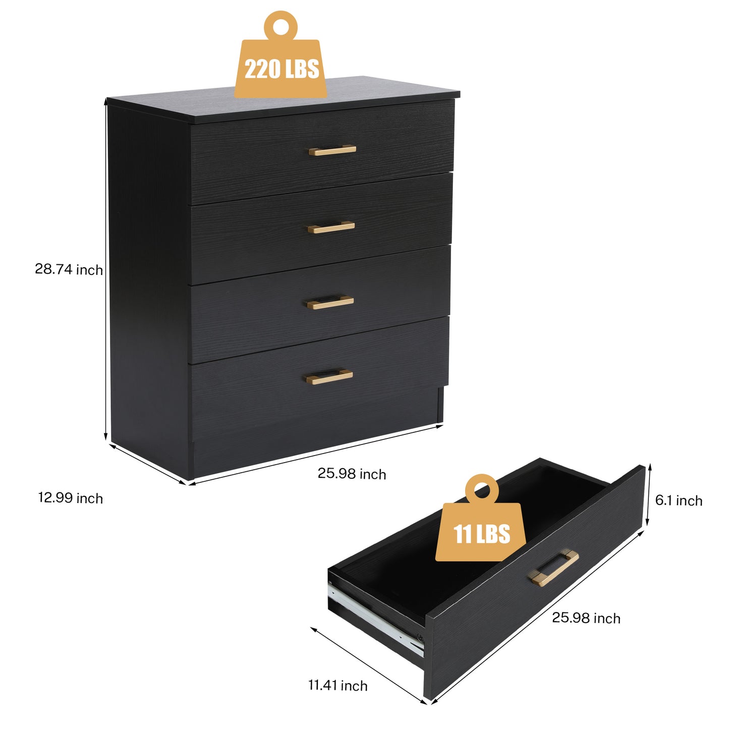 SYNGAR Black 4 Drawer Dresser, Chest of Drawers for Bedroom, Modern Storage Cabinet Dresser Organizer Unit with Handle for Living Room, Closet, Hallway, Nursery