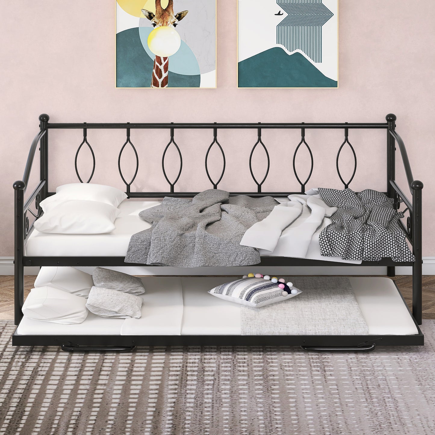 SYNGAR Metal Twin Size Daybed with Roll-Out Trundle, Multifunctional Platform Portable Folding Trundle Bed Frame, Mattress Foundation/Children Bed Sofa for Guest Living Room, Black
