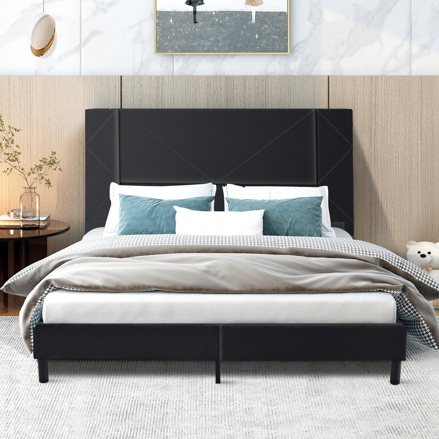White Fabric Upholstered Platform Bed Frame Queen Size with Height Adjustable Headboard, Mattress Foundation with Strong Wooden Slat Support, No Box Spring Needed