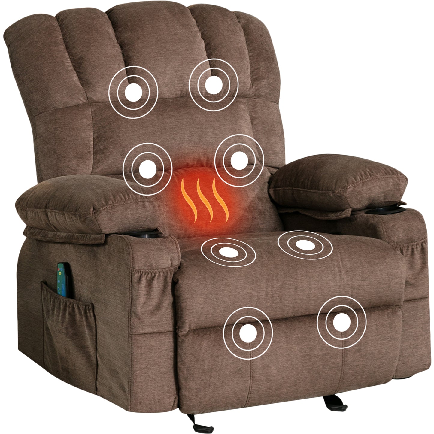 SYNGAR Manual Recliner Chair with Heat Therapy and Massage Function, Heavy Duty Reclining Mechanism Massage Chair, Elderly Single Rocker Sofa with Cup Holders for Bedroom Home Theater, Brown