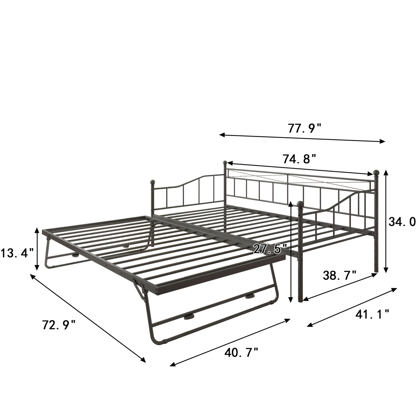 Twin Daybed with Pop Up Trundle, Metal Twin Size Daybed Frame, Space Saving Sofa Bed with Trundle Bed, Modern Home Platform Bed for Living Room/Bedroom, No Box Spring Needed, Black, D6607