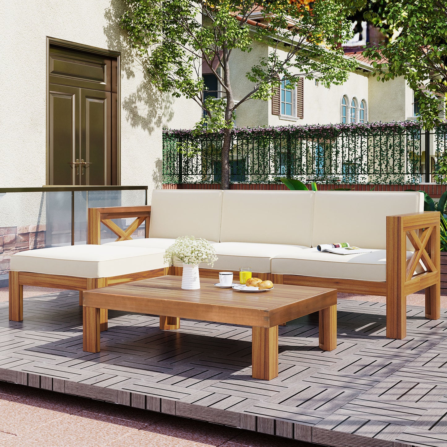 Syngar Outdoor Sofa Chairs Set, Patio Metal Furniture Set with Brown Cushions, 7 Piece Conversation Sofas with Corner Sofas, Armless Sofa and Coffee Table, for Backyard, Poolside, Deck, Balcony