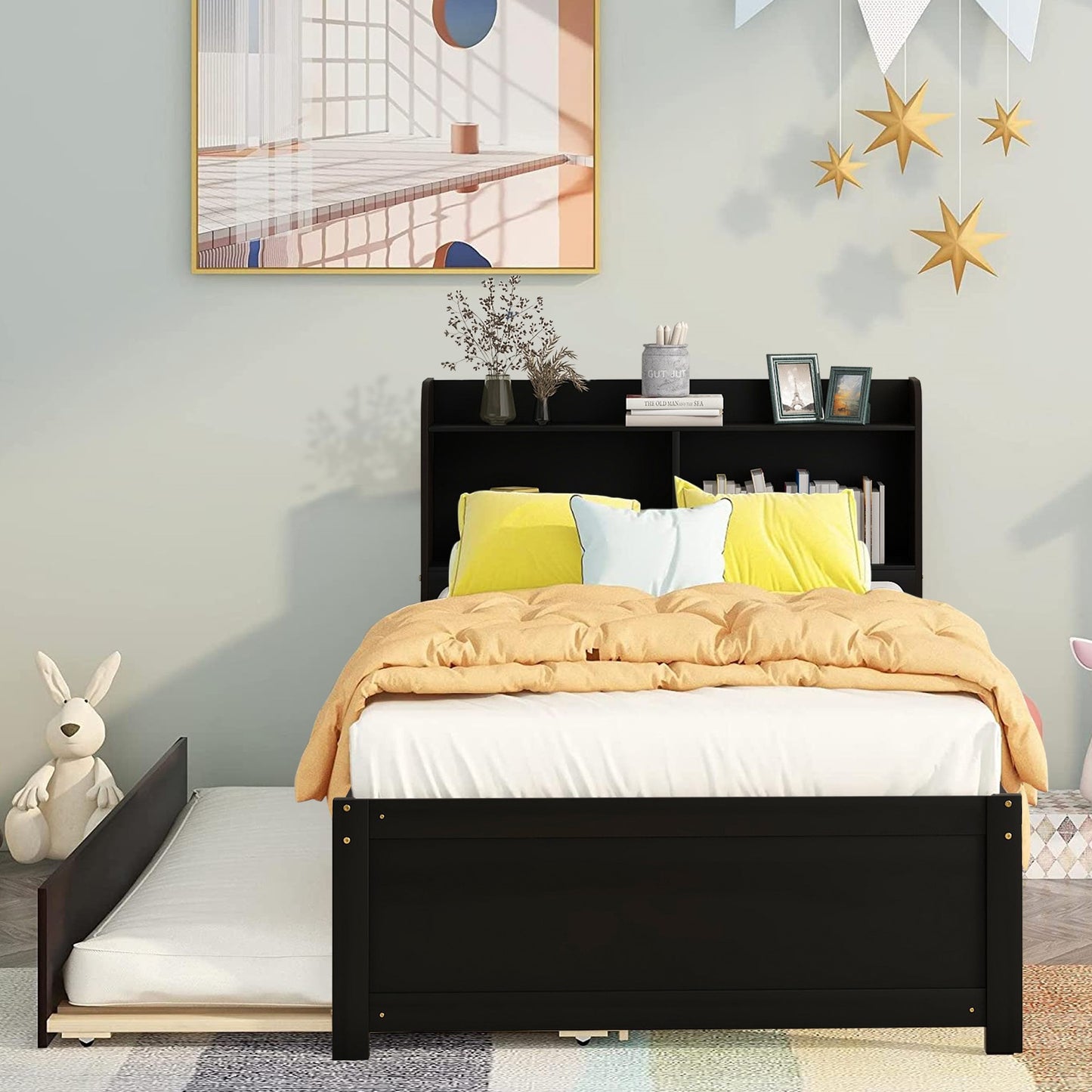 Twin Bed Frame with Trundle Included, Solid Pine Wood Platform Bed Frame for Kids Teens Adults, Espresso, LJ719
