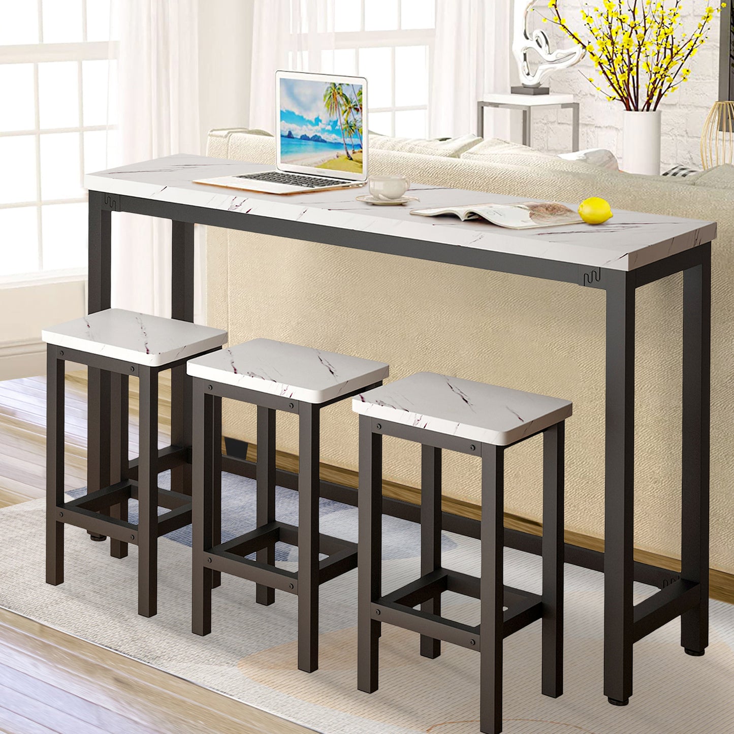 Counter Height Bar Table Set, Modern 4 Pieces Dining Table Set, Long Pub Table and 3 Stools, 3-Person Dining Table and Stools Set, Kitchen Side Table Set for Breakfast, White, Y002