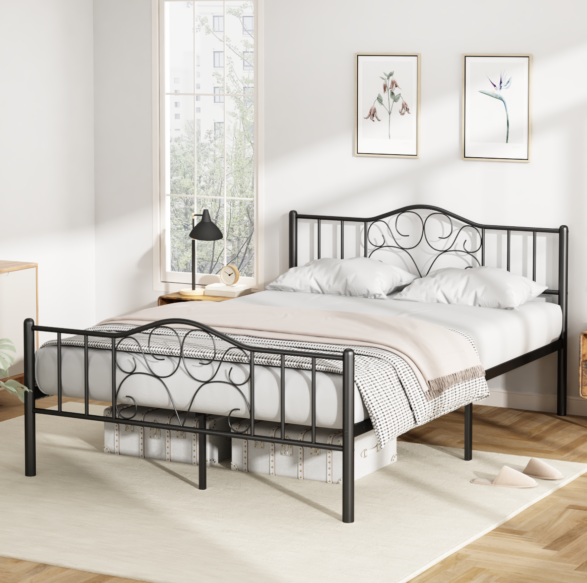 Queen Size Bed Frame with Headboard, Metal Queen Size Platform Bed frame with Steel Slats Support, Black