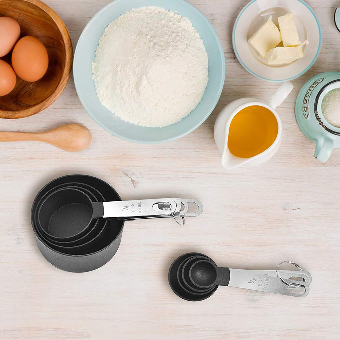 SYNGAR Measuring Cups and Spoons Set, Nesting Measure Cups with Stainless Steel Handle, Home Essentials Measuring 4 Cups and 4 Spoons for Baking, Cooking, Teaspoons Set, Black