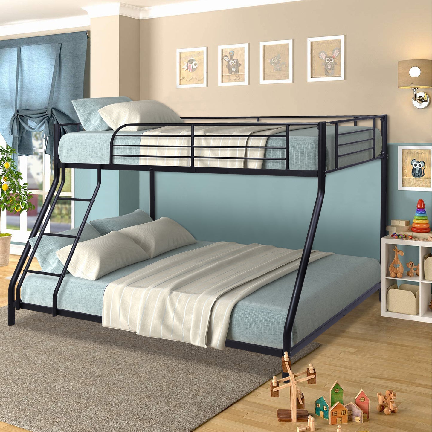 Twin Over Full Bunk Bed with Safety Rails & Ladder, Metal Bed Frame for Dorm Room Kids Bedroom Furniture Heavy Duty Steel Bunk Bed for Boys Girls Teens Adults, Black