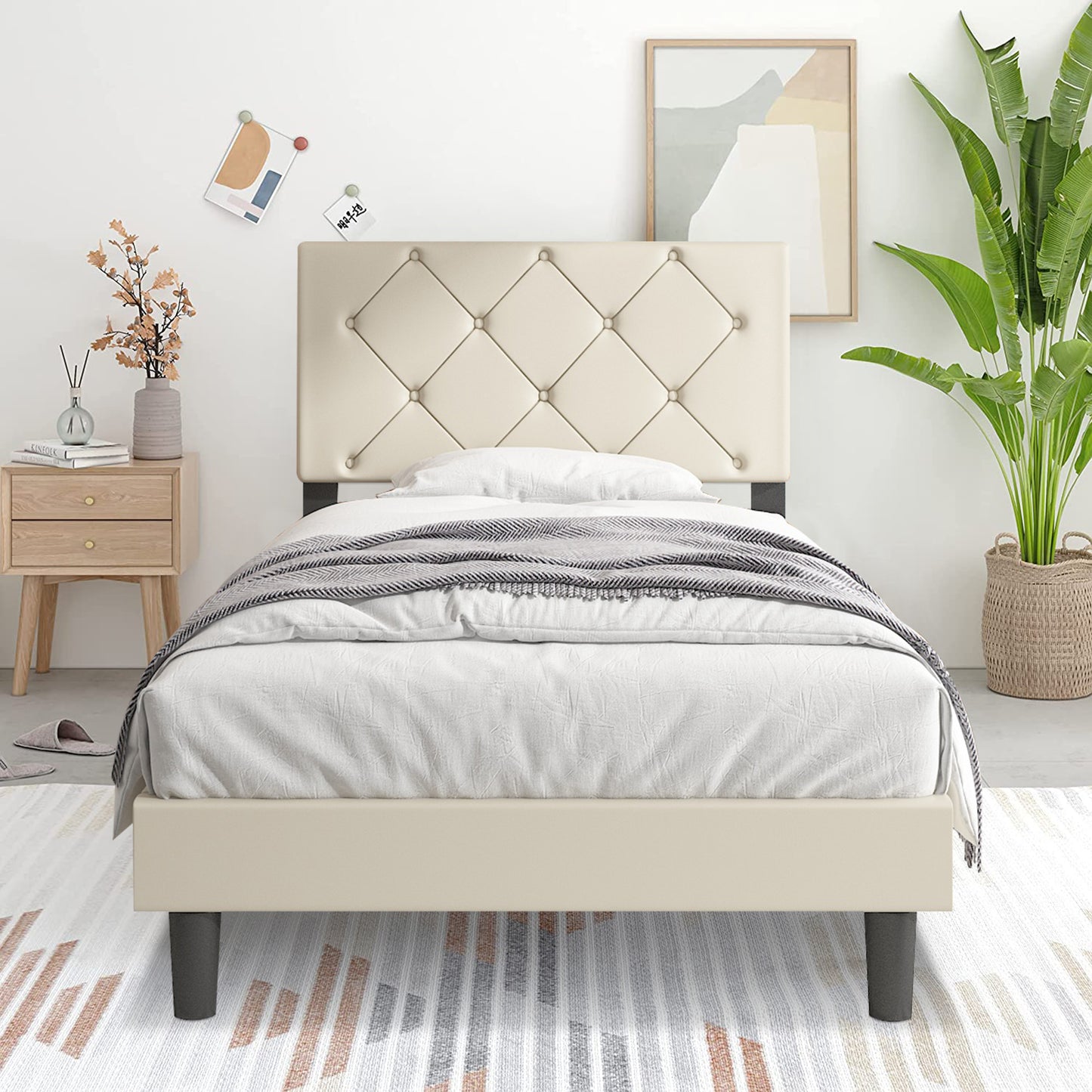 SYNGAR Twin Size Platform Bed Frame with Faux Leather Upholstered Headboard, Button Tufted and Height Adjustable, Ivory White