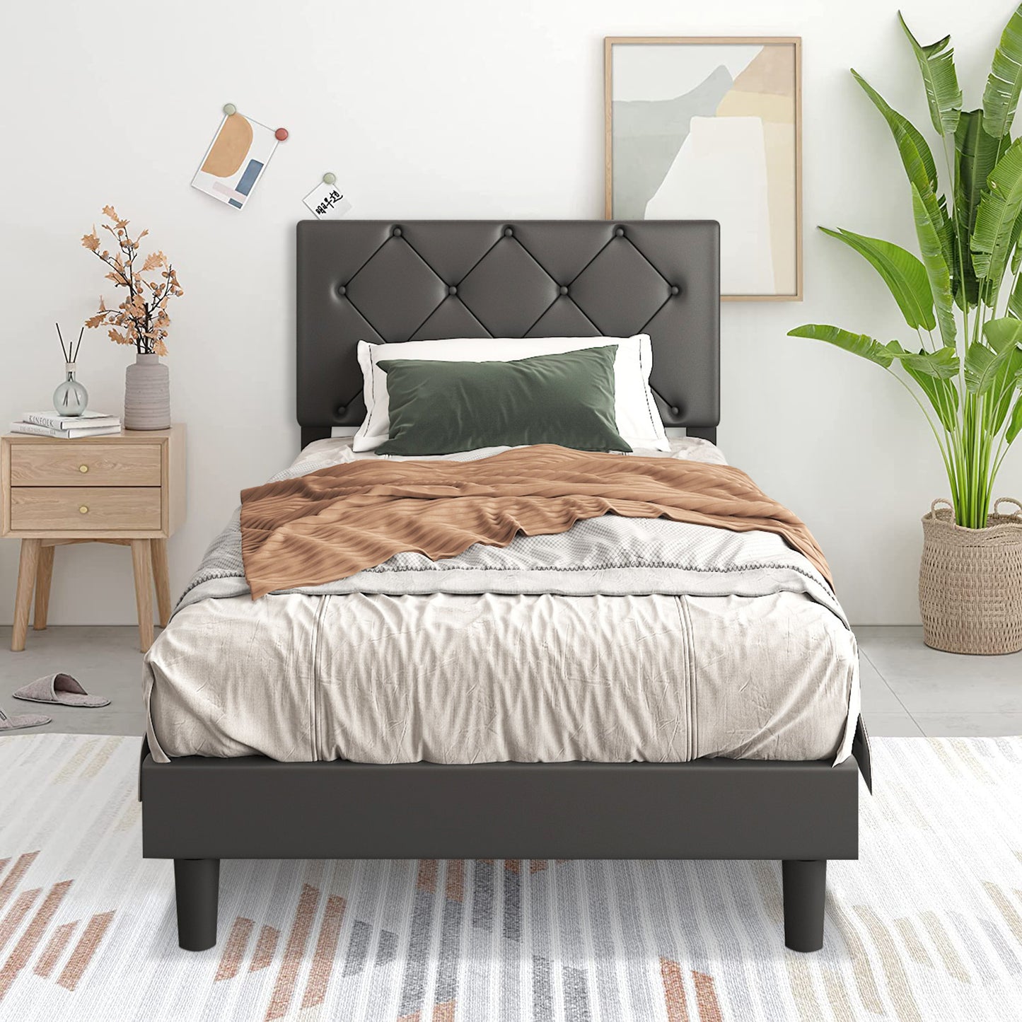 SYNGAR Twin Size Platform Bed Frame with Faux Leather Upholstered Headboard, Button Tufted and Height Adjustable, Ivory White