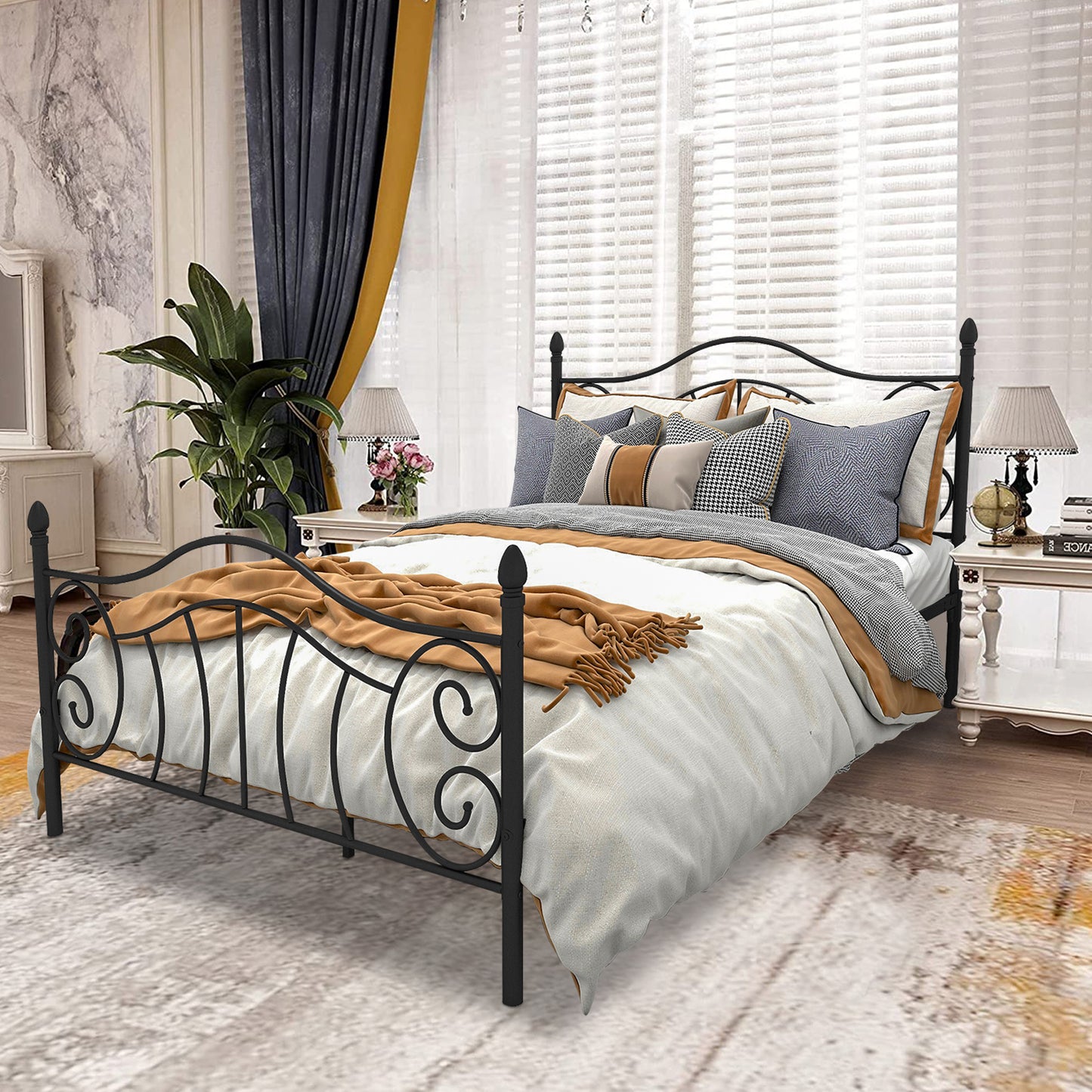 SYNGAR Black Queen Platform Metal Bed Frame with Upholstered Headboard and Footboard, Vintage Style Mattress Foundation with Large Under Bed Storage, No Box Spring Required, Easy Assembly