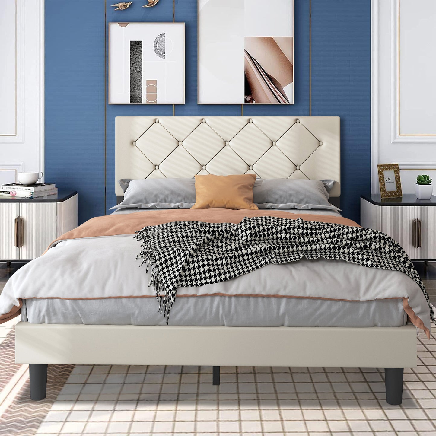 SYNGAR Faux Leather Upholstered Platform Bed Frame with Height Adjustable Headboard, Queen Size Metal Bed with Wood Support for Kids Teens Adults, No Box Spring Needed, 550LBS Load Capacity, Black