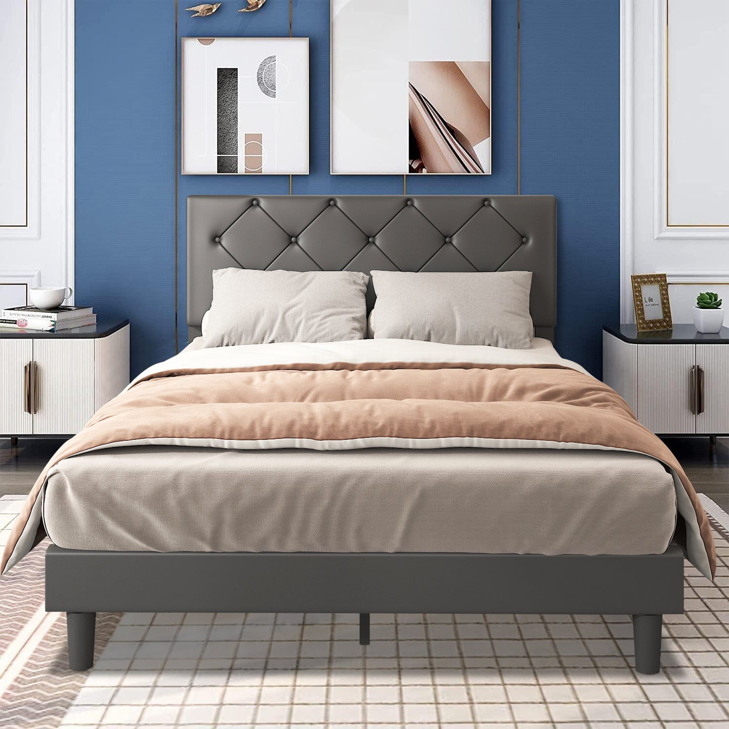 SYNGAR Queen Size Fabric Upholstered Platform Bed Frame with Rivet Wingback Headboard, Mattress Foundation, Metal Frame, Strong Wood Slat Support for Kids Teens Adults, No Box Spring Needed, Beige