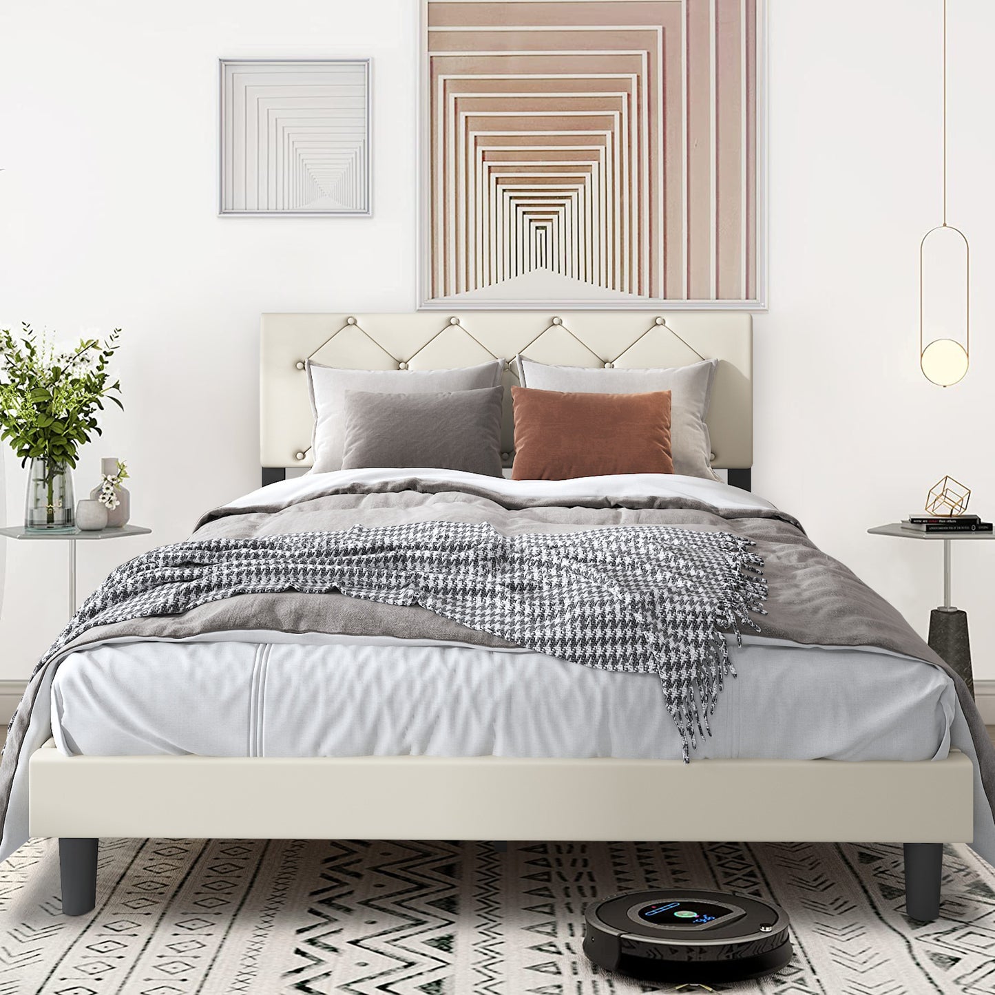 White Fabric Upholstered Platform Bed Frame Queen Size with Height Adjustable Headboard, Mattress Foundation with Strong Wooden Slat Support, No Box Spring Needed